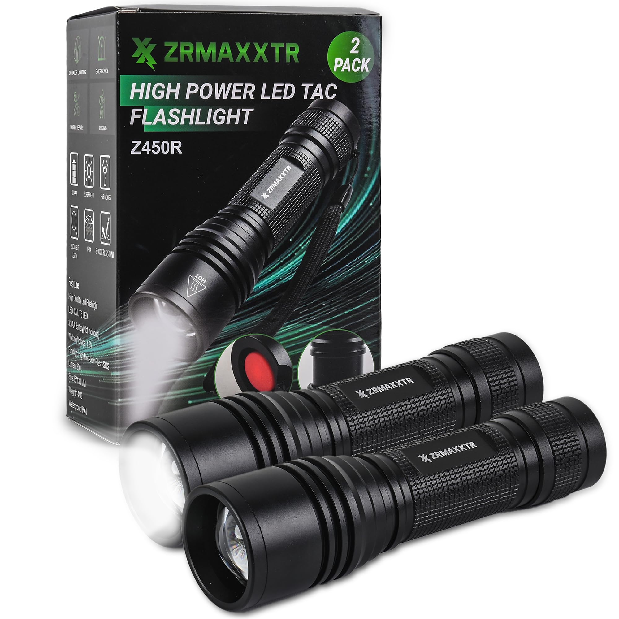 Zrmaxxtr Tactical Led Flashlight 2 Pack - Our Tactical Flashlight Features Shock & Water Resistance - Experience 5 Versatile Modes And Precision Focus With Our Zoomable Lens