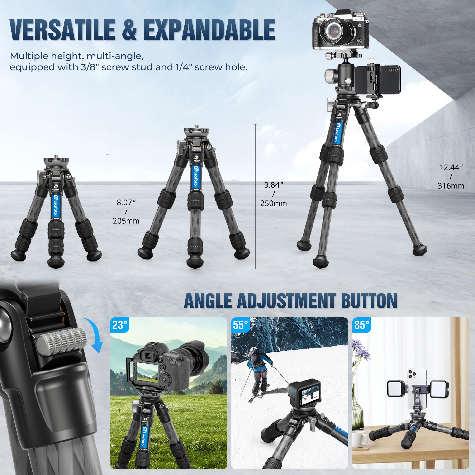 Leofoto Carbon Fiber Mini Tabletop Tripod With Leveling Base For Camera, 360° Rotating Portable Tripod With 3/8" Screw For Dslr/Phone Holder/Projector, A Bubble Level, Folded Length 8.54", Max Load 11Lb