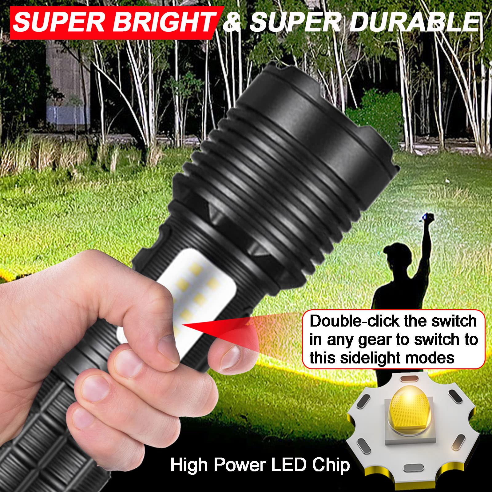 Swanlake Xhp70.2 20000 Lumen Rechargeable Led Flashlight, Black, Battery Powered, Waterproof, 7 Lighting Modes, Usb Rechargeable