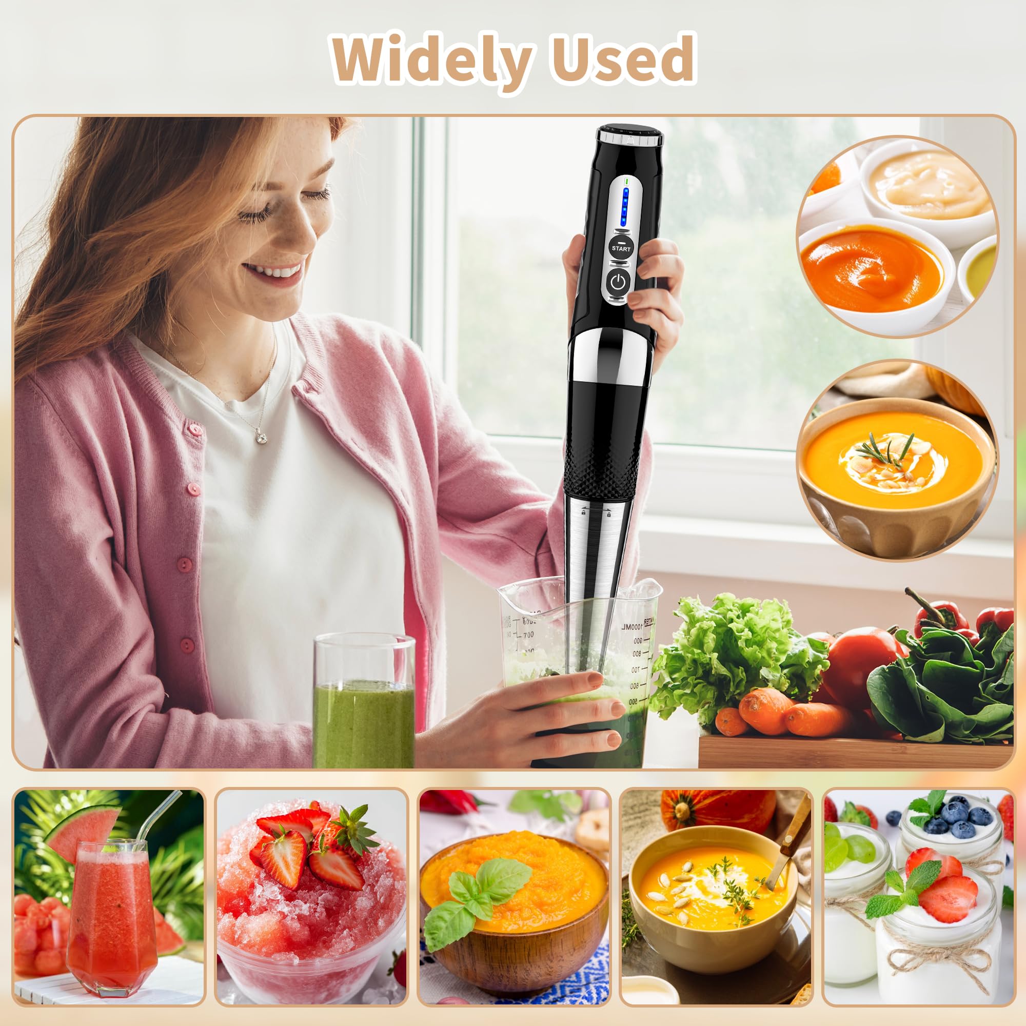 Toogel Cordless Immersion Blender Handheld: Powerful Rechargeable Electric Hand Blender, 21-Speed & 3-Angle Adjustable With Stainless Steel Blades For Milkshakes, Smoothies, Soup, Puree, Baby Food (Black)