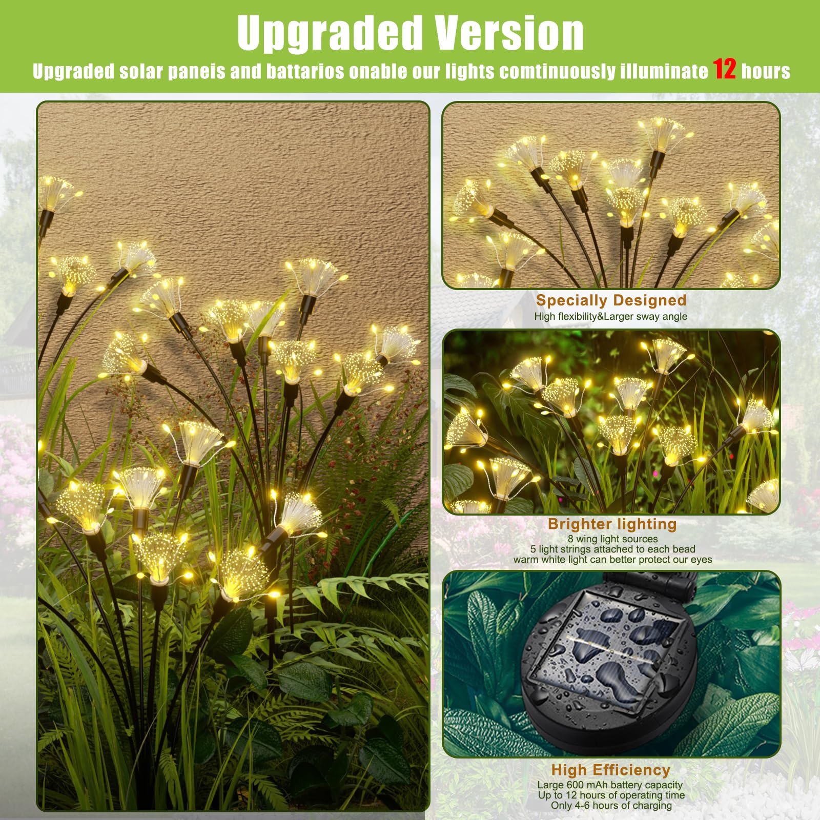 Flumy Solar Garden Lights, 64 Led Firefly Lights For Christmas Decorations, Waterproof Solar Outdoor Lights, Pathway Patio Outdoor Decor, Solar Swaying Lights, Swaying In The Wind(2 Pack)