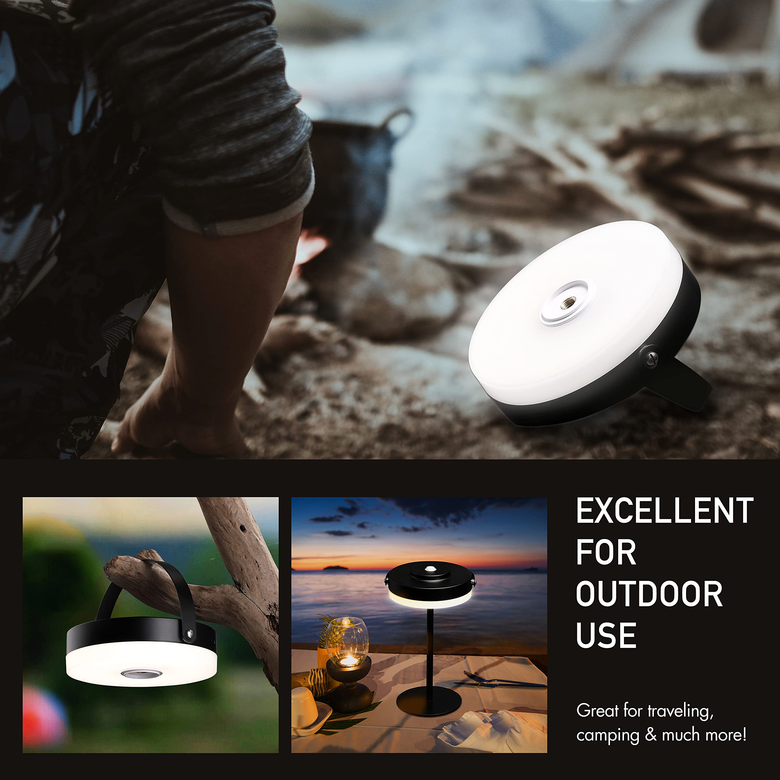 O'Bright O’Bright Thurlow - Portable Led Lamp For Outdoor/Indoor, Built-In Rechargeable Battery, Ip44 Water Resistant, Adjustable Height, Travel Light, Camping Lantern, Patio Table Lamp, Night Lamp, Black