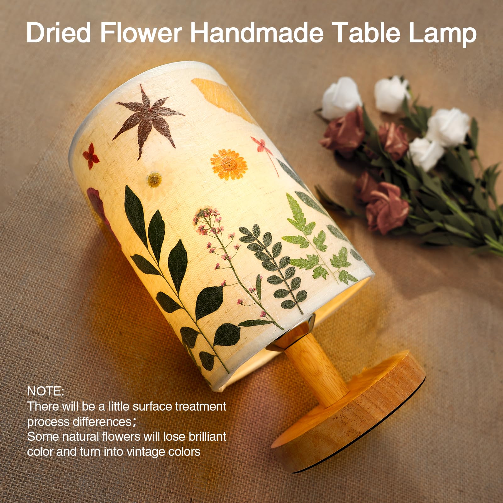 Floresita Pressed Flowers Table Lamp 5W Led 3Color Temperatures Dried Flower Bedside Lamp Linen Shade With Wood Base For Bedroom Living Room Desk Office