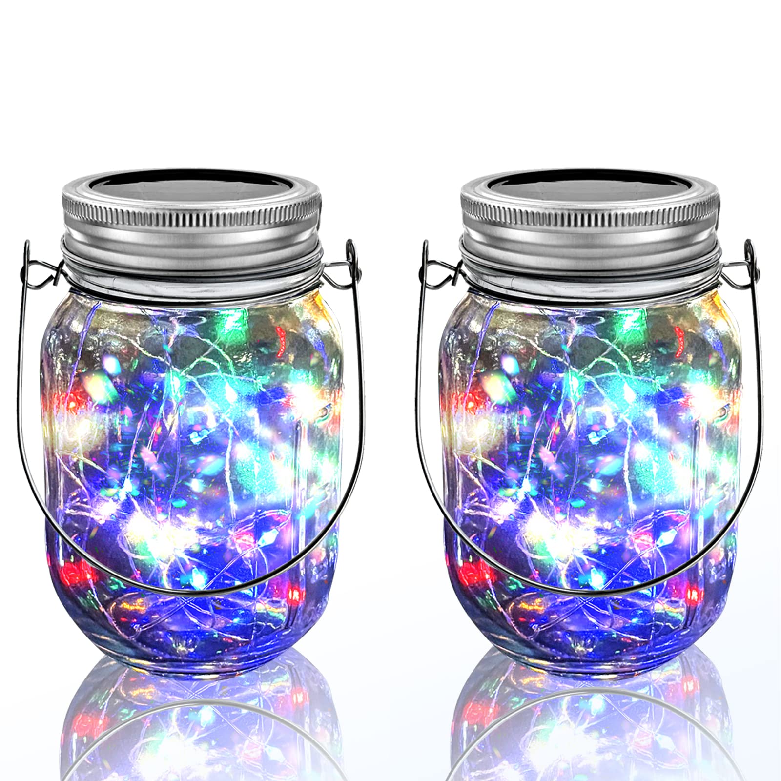 Zqx Hanging Solar Mason Jar Lights,2 Pack 20 Led String Hanging Mason Jar Lanterns For Outdoor,Great Decor Light For Outside Patio Garden Yard Fence Wedding Table,Hangers And Jars Included（Multicolor）
