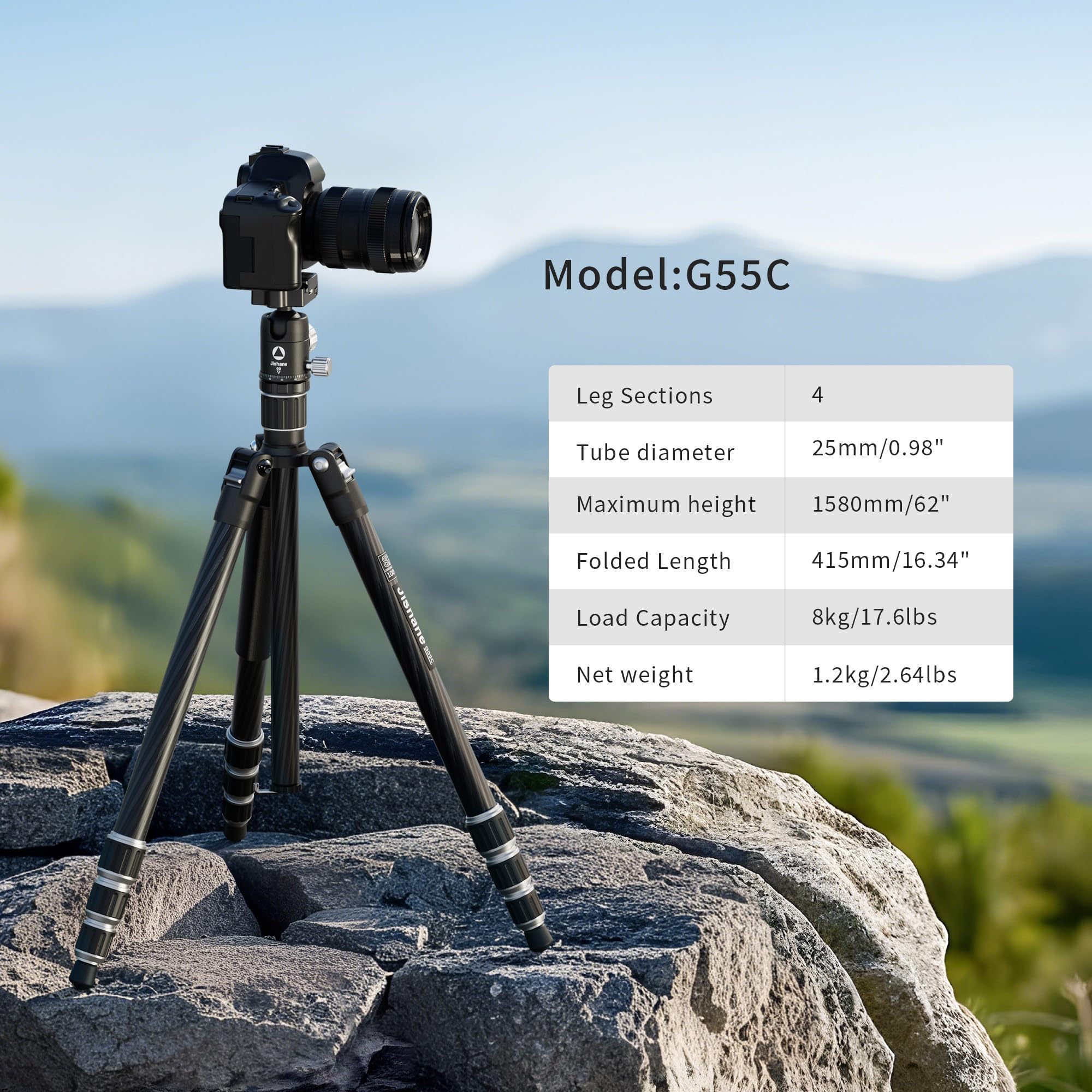 Jishane Carbon Fiber Camera Tripod, 62" Professional Video Tripod With 360° Ball Head, Phone Holder & 1/4" Arca Qr Plate, Compact Travel Monopod For Dslr/Smartphone, Max Load 17.6 Lbs/8Kg