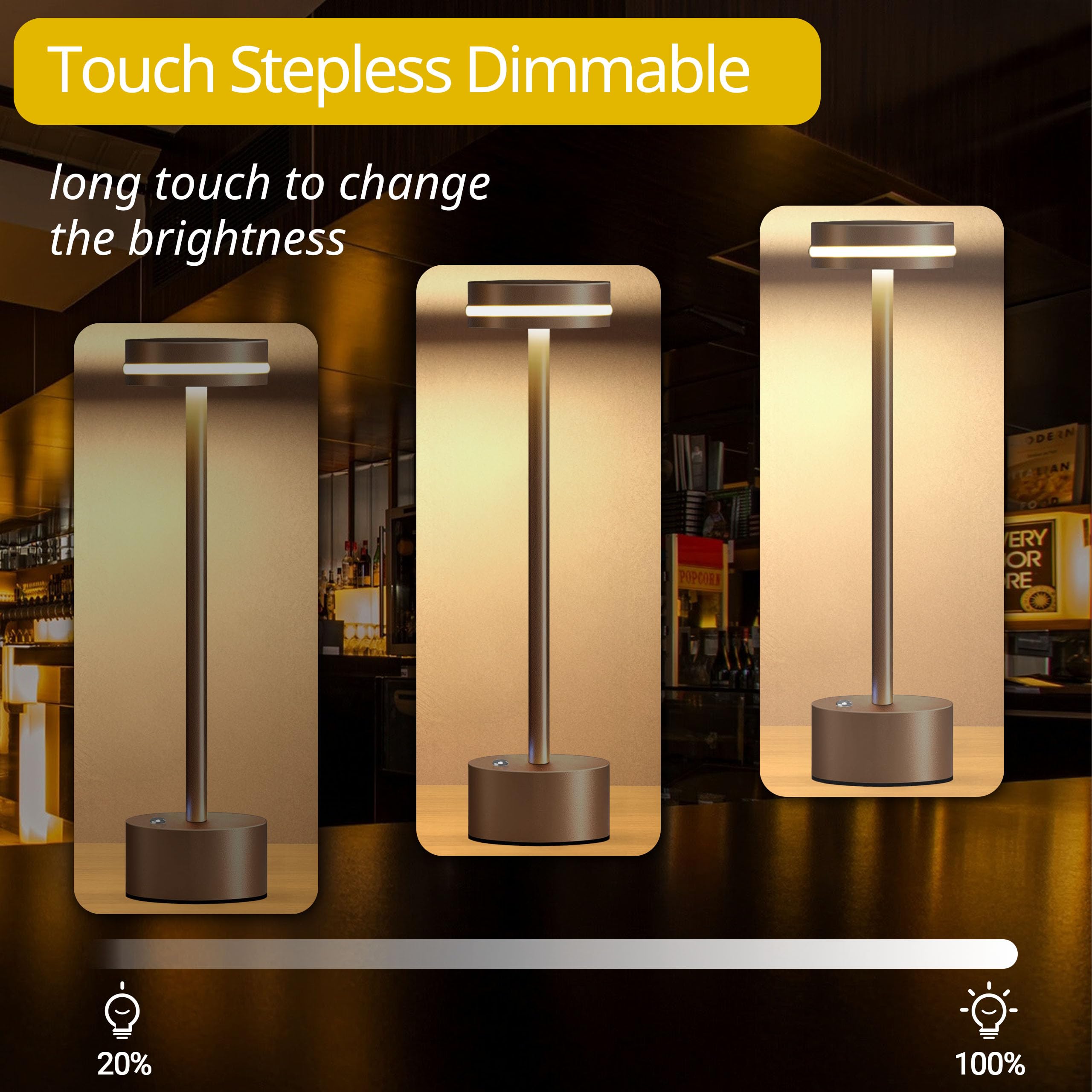 Ecoespti Cordless Table Lamp, Portable Rechargeable Bedside Lamp, Touch Stepless Dimmable Desk Lamp, For Home Bedroom Hotel Restaurant Bar Outdoor, 2 Set, Coffee