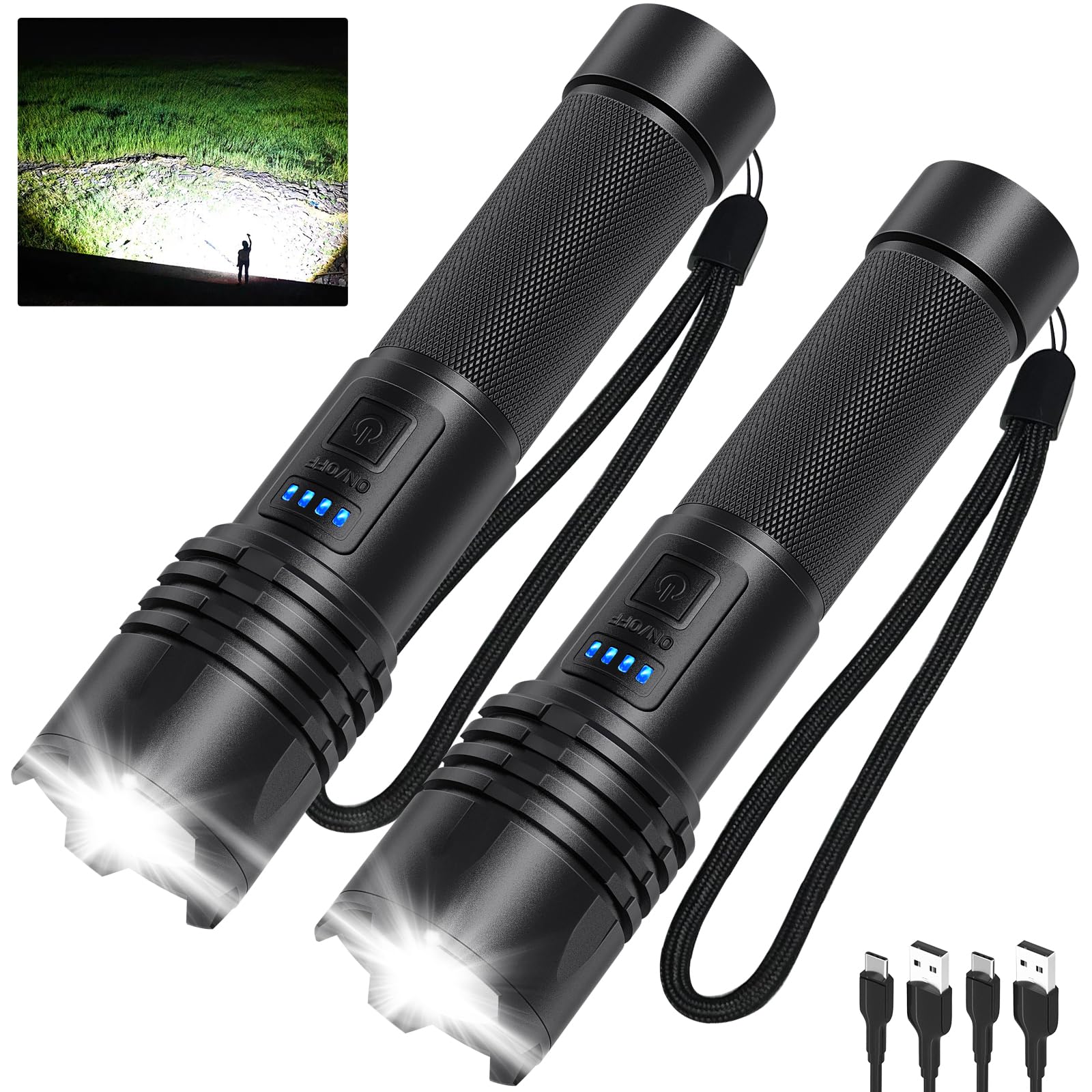 Qopoyu Led Flashlights High Lumens Rechargeable, 990000 Lumens Super Bright Flash Light Brightest Flashlight, 3 Modes Ipx7 Waterproof, High Powered Tactical Flashlights For Camping Emergencies (2 Pack)