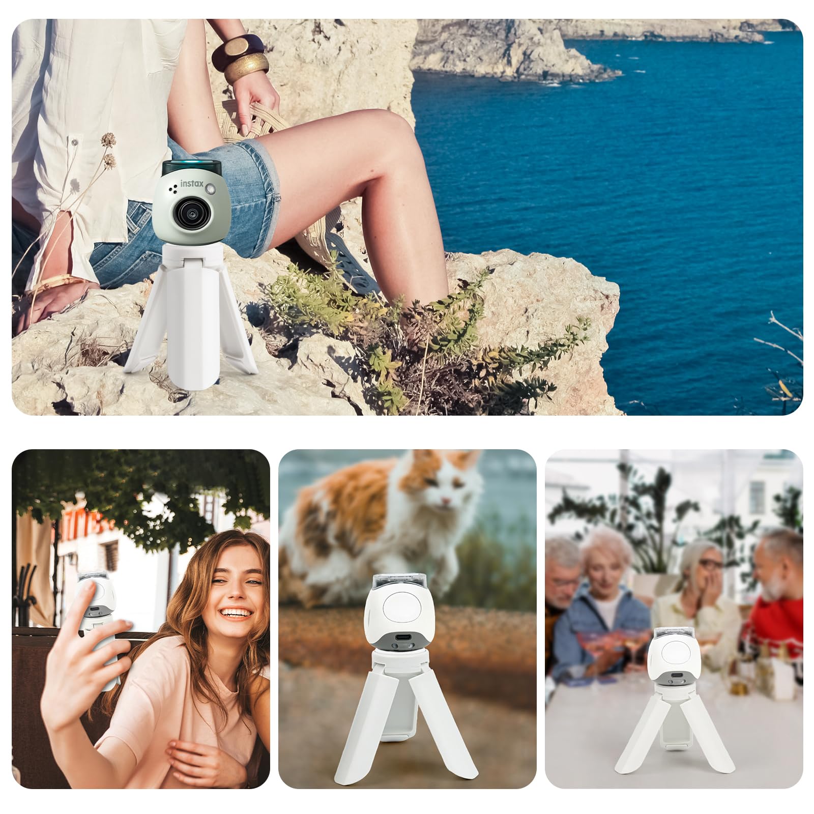 Rieibi Mini Tripod For Fuji Instax Pal/Instax Mini Evo/70/Lomo Instant Camera, White, Plastic, Slip Resistant, Pan-Tilt Head, 3X8.2Cm Folded, 3Cm Height & Width
