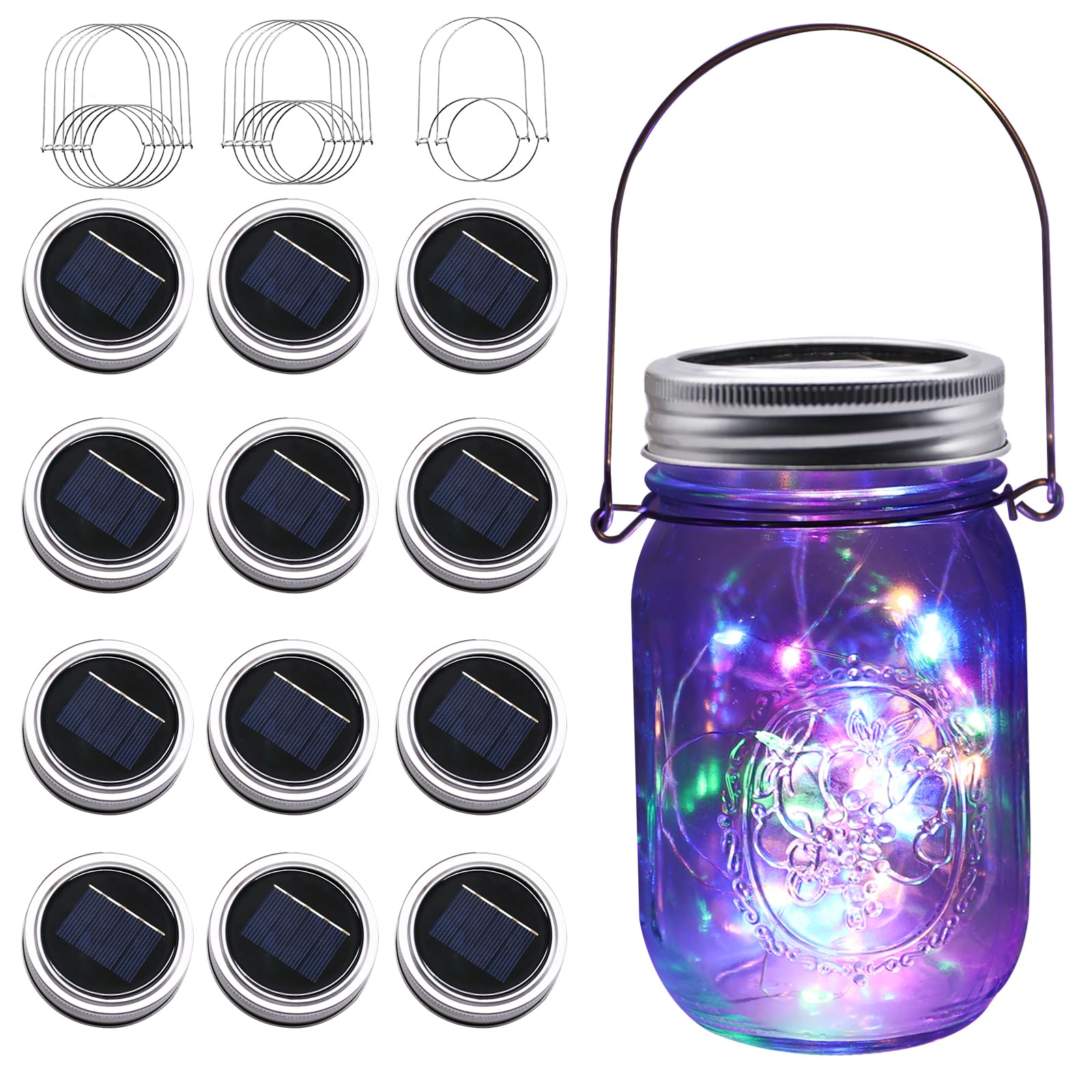 Znycye Solar Mason Jar Lights [d], 12 Pack 30 Led Firefly Fairy String Lights, Waterproof Outdoor Solar Mason Jar Lid Lights With Hangers(No Jars) For Patio Garden Yard Wedding Decoration - Multicolor