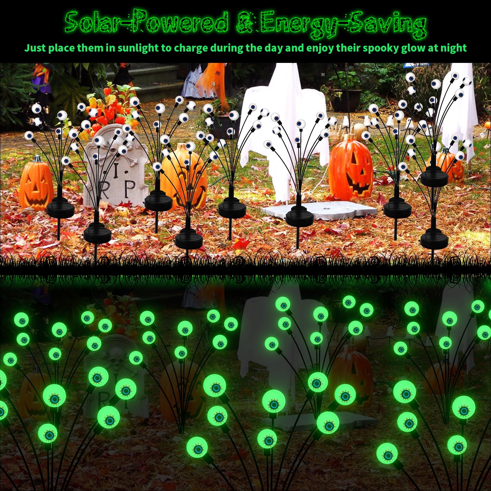 Lasgu Outdoor Solar Garden Lights (4 Pack), Scary Eyeball Leds (32), Spooky Outdoor Decor For Yard And Patio (Green)