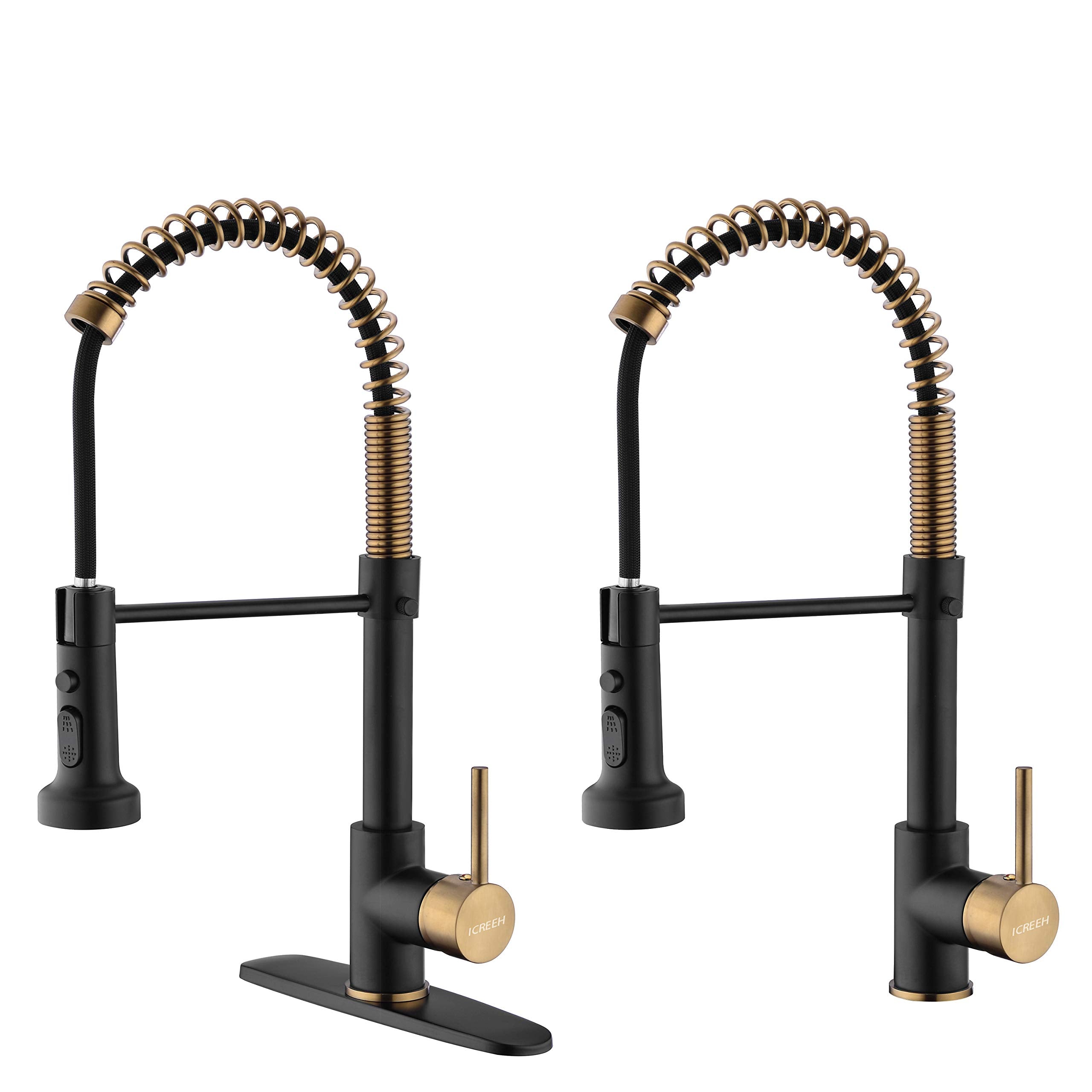 Icreeh Matte Black And Gold Kitchen Faucet,Black And Gold Kitchen Faucet With Pull Down Sprayer Commercial Single Handle Spring For Kitchen Sink,Matte Black & Gold