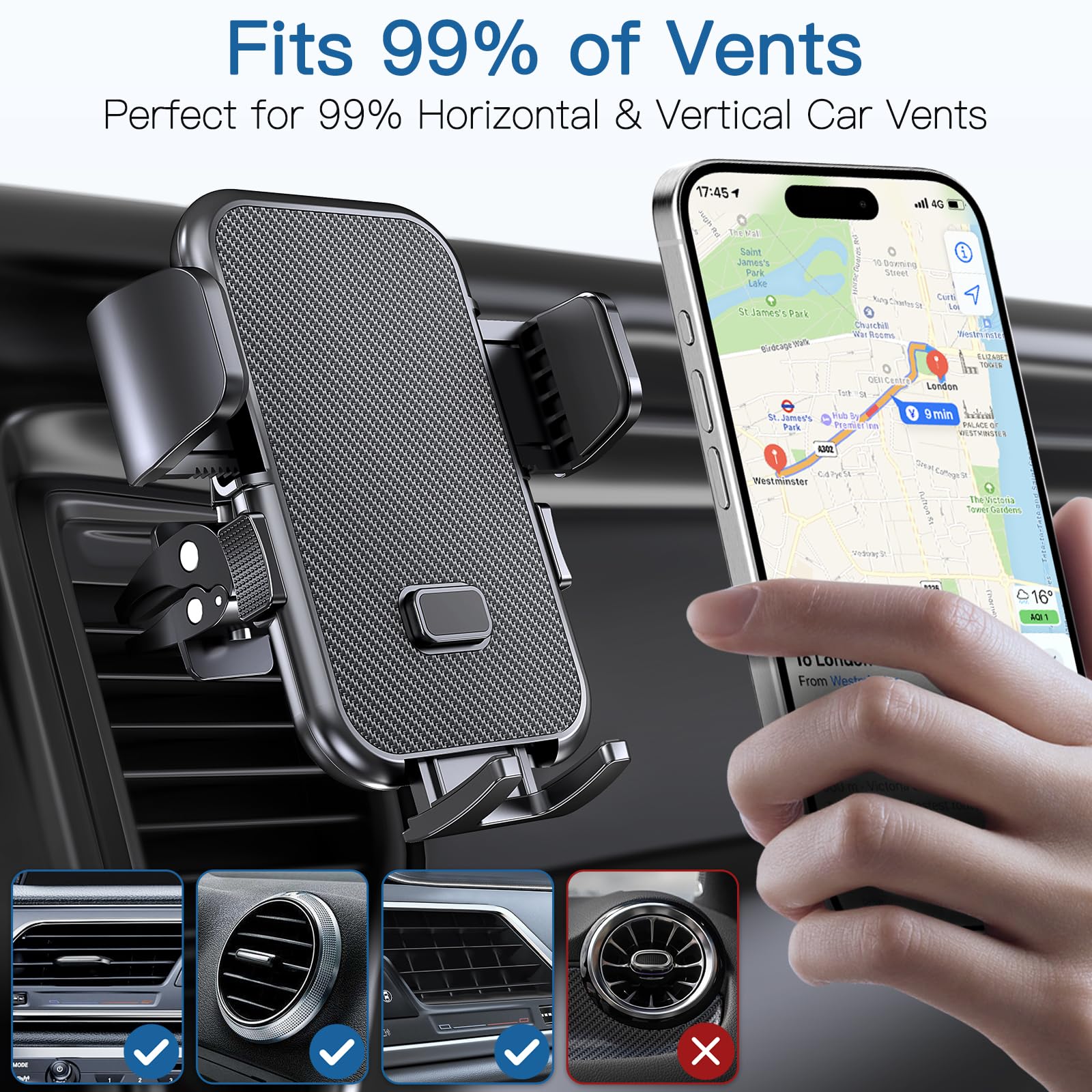 Uniwit Car Air Vent Phone Mount,360°Rotation,Solid & Steady,Auto-Clamping,Easy Installtion,Car Phone Holder,Compatible For All Iphone Series And Other 4-7 Inchs Cellphone.