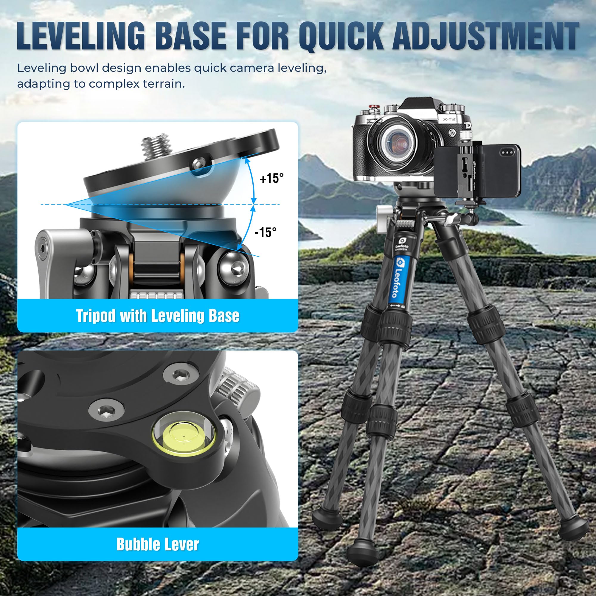 Leofoto Carbon Fiber Mini Tabletop Tripod With Leveling Base For Camera, 360° Rotating Portable Tripod With 3/8" Screw For Dslr/Phone Holder/Projector, A Bubble Level, Folded Length 8.54", Max Load 11Lb