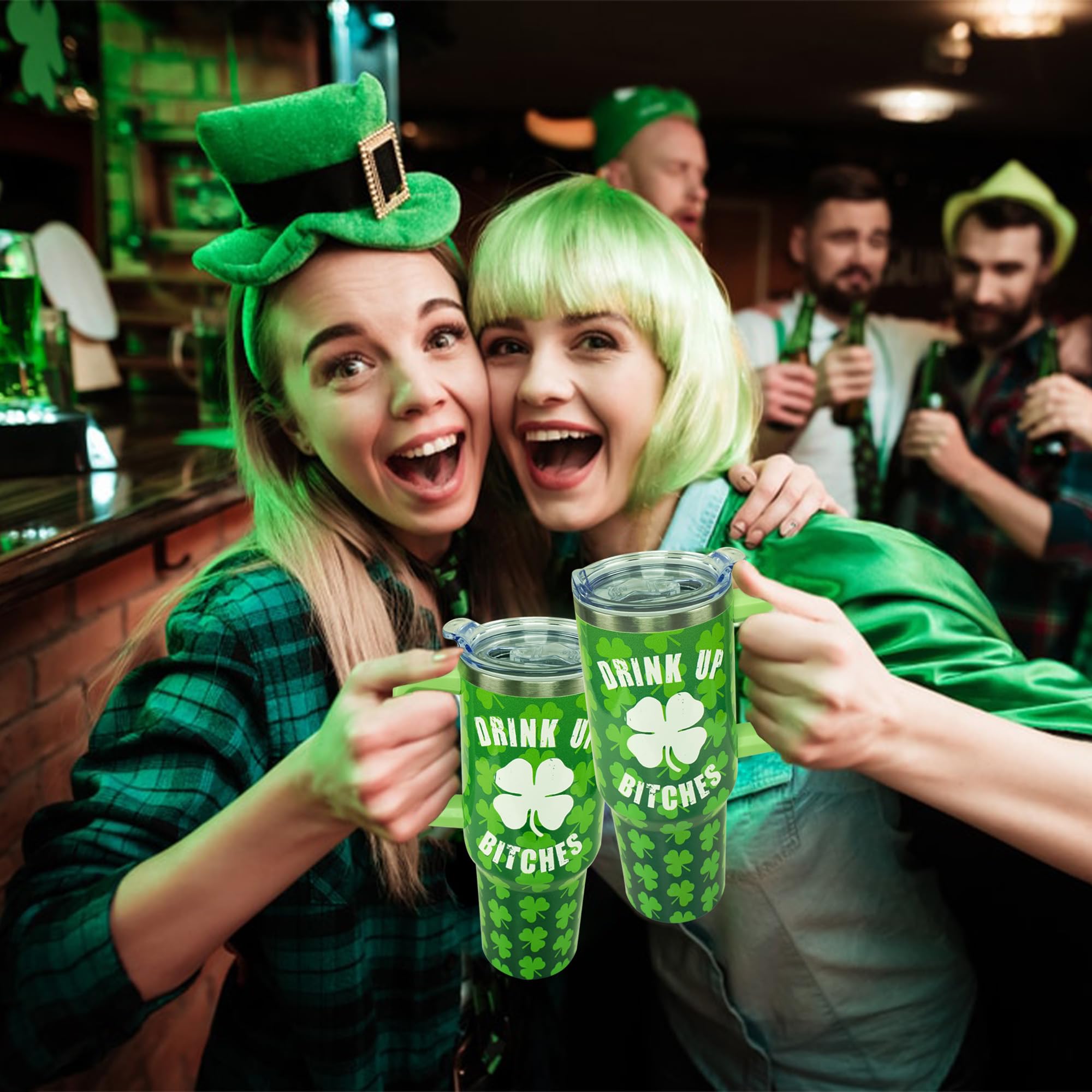 40Oz St Patricks Day Tumbler With Handle And Straw, Green Irish Shamrocks Stainless Steel