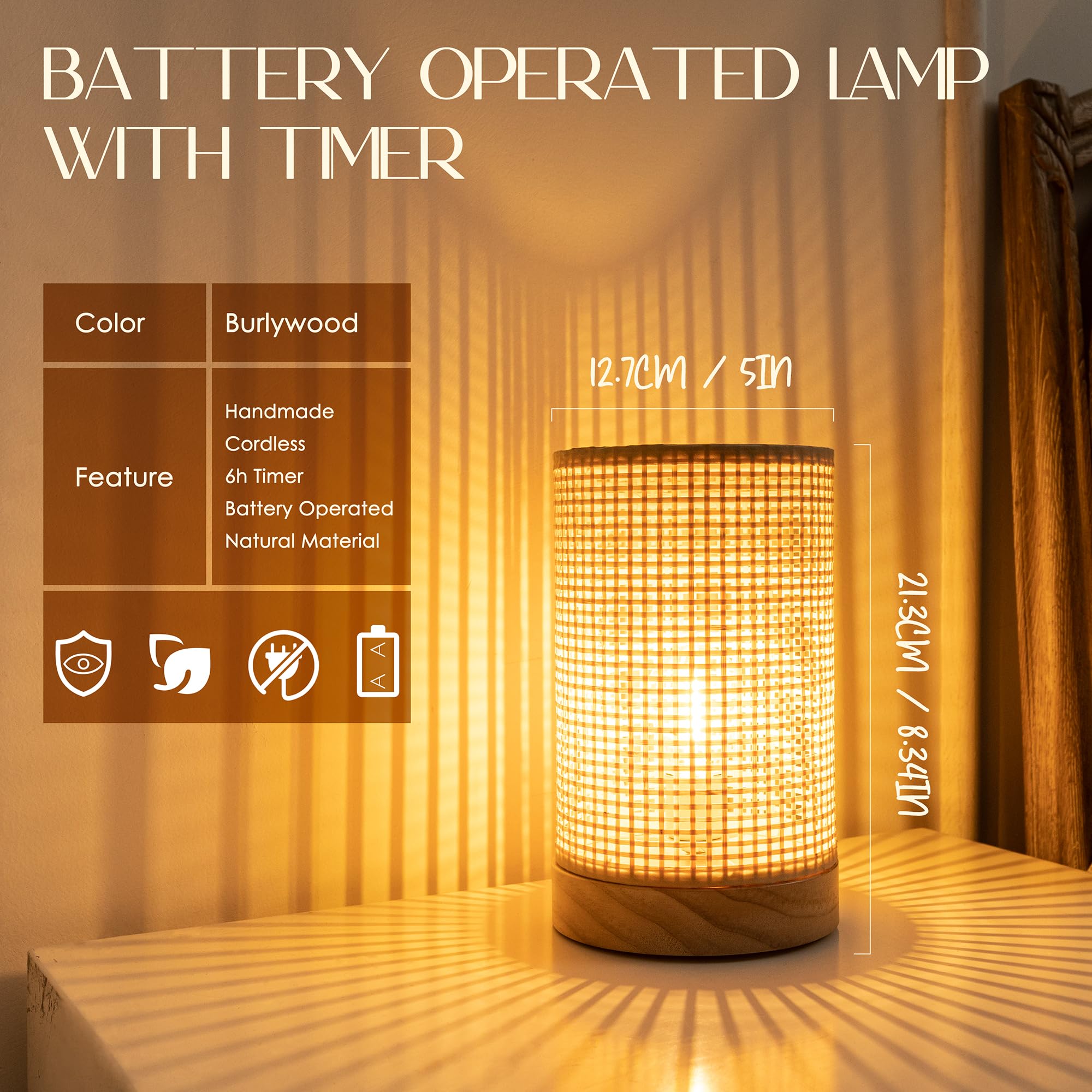 Lusharbor Battery Operated Lamp With Timer, Rattan Boho Table Light Battery Powered Beside Lamps Small Cordless Lamp For Kids Room Entryway Home Decor