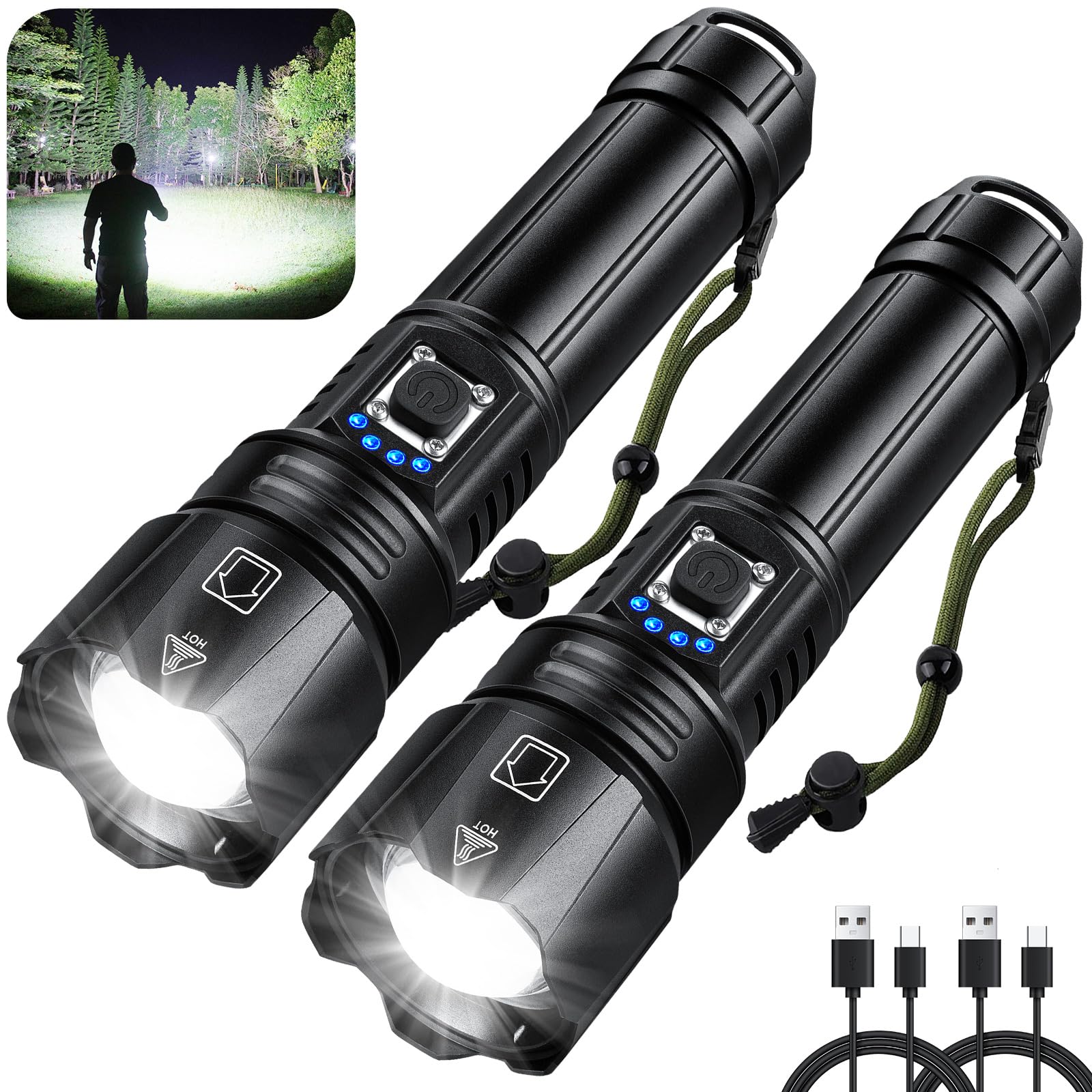 Gdplus Flashlights High Lumens Rechargeable, 990000 Lumen Super Bright Flashlight 2 Pack, High Powered Led Flash Light With 5 Modes, Ipx6 Waterproof Handheld Flashlights For Home Camping 