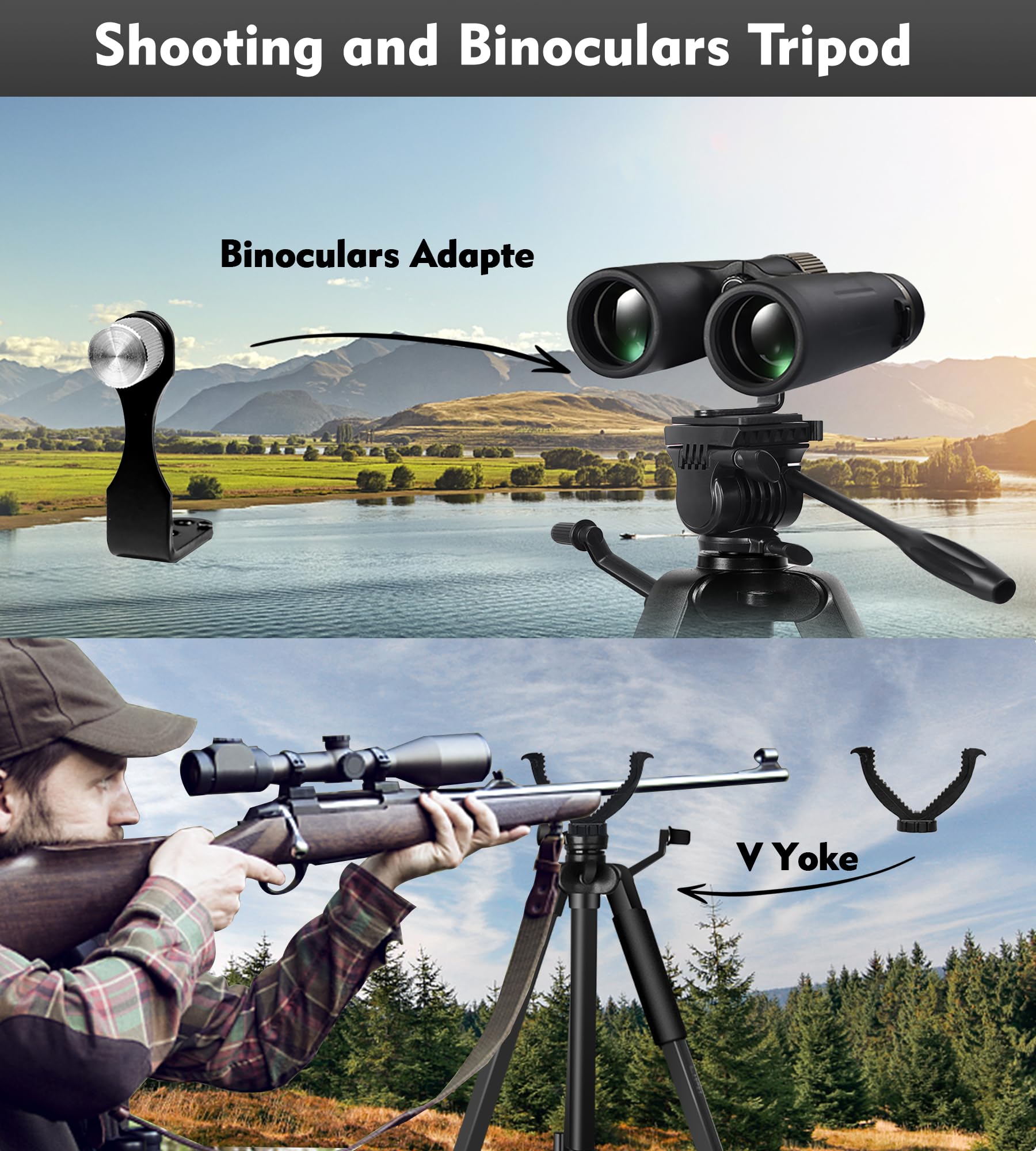 Lcncy Spotting Scope Tripod, Shooting Tripod And Compact Shooting Stand Rest Hunting V Yoke, With Binoculars Adapter And Removable 360° Rotate Fluid Head, Perfect For Binoculars, Spotting Scope, Shooting