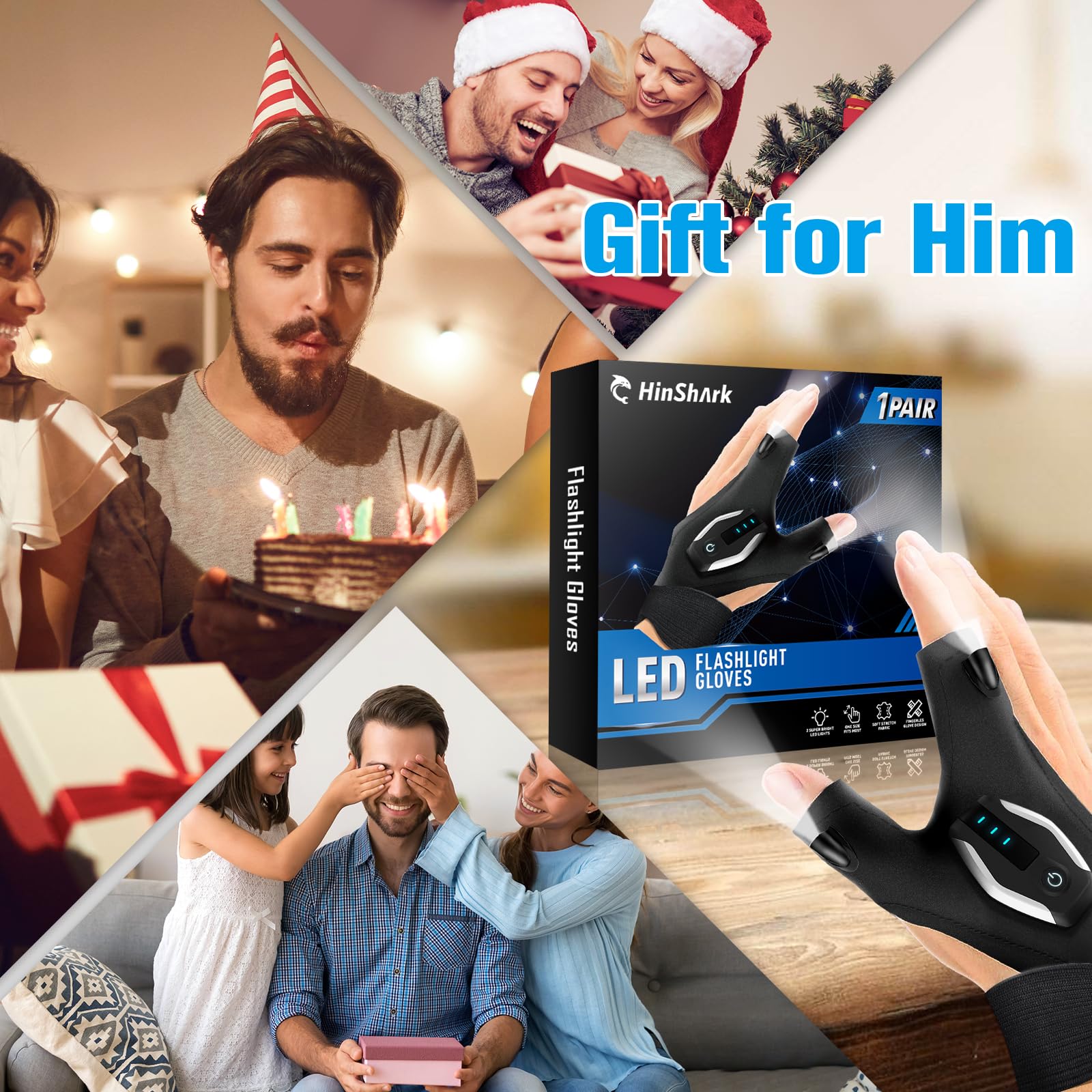 Hinshark Fathers Day Dad  From Daughter Son Wife, Led Flashlight Gloves Rechargeable, Fathers Day Cool  For Dad, Anniversary Birthday Mens  For Men Husband Grandpa, Camping Fishing