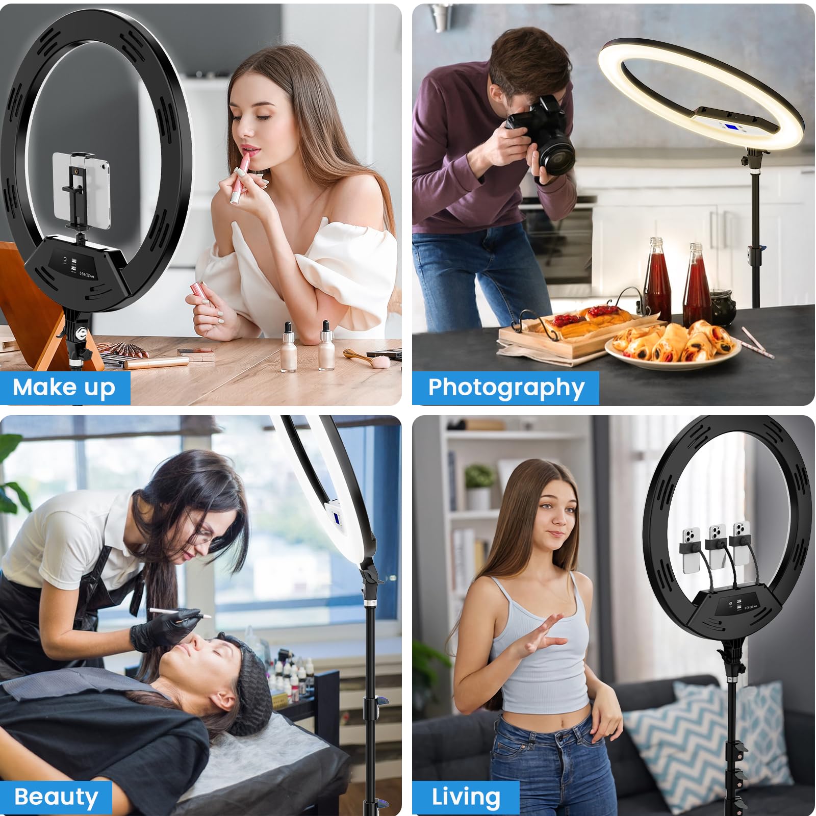 Mactrem 22'' Ring Light With 75'' Tripod Stand, Led Display/2 Usb Ports/6500K Dimmable Ring Light For Ipad Phone Holder For Tattoo Lash Live Makeup Video Recording Tiktok Barber Stylist Photography