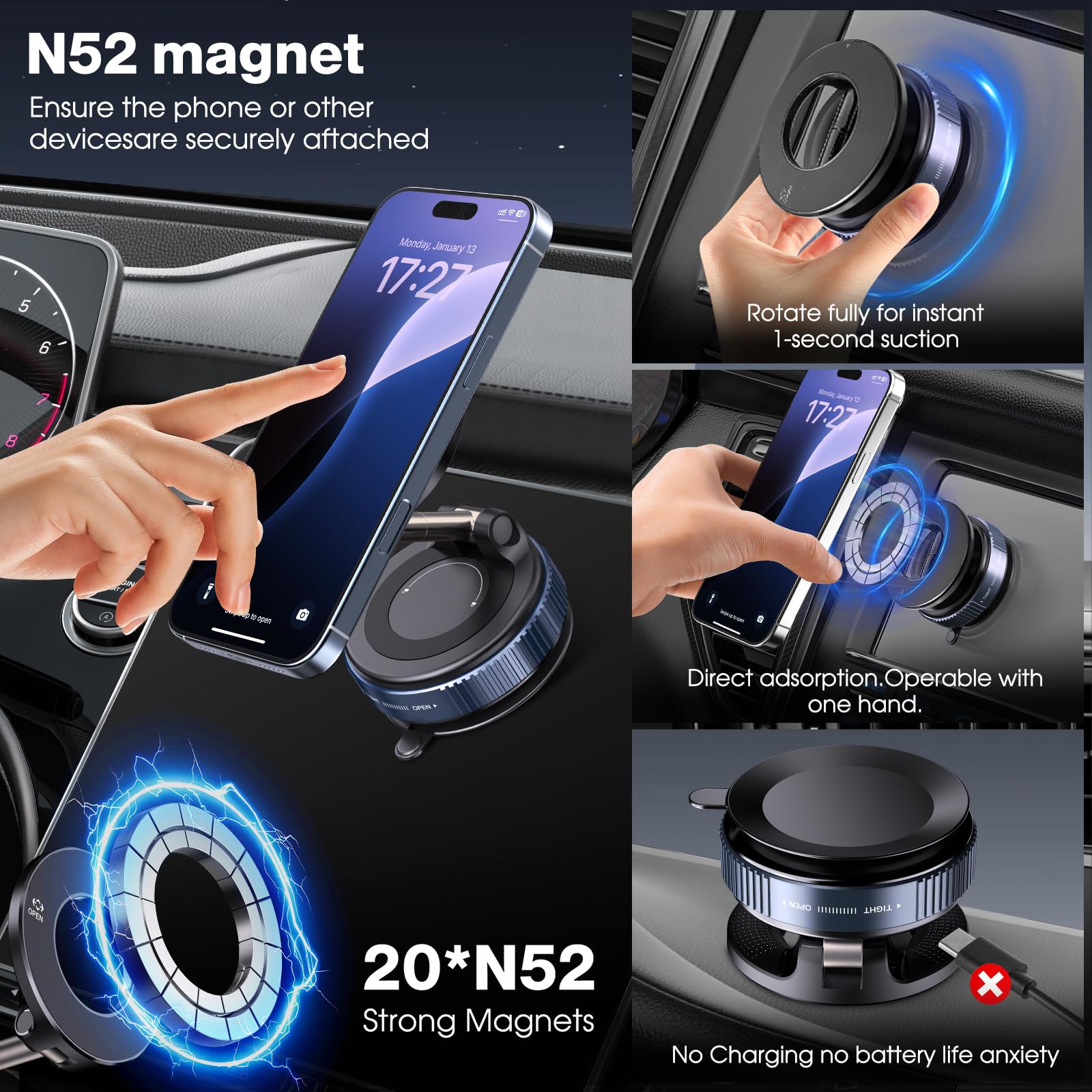 Jikasho Vacuum Magnetic Suction Phone Holder, Foldable And Retractable Hands- Suction Cup Phone Mount For Car/Gym/Mirror/Smooth Surface, Compatible With Iphone Android And All Smartphones (Black)