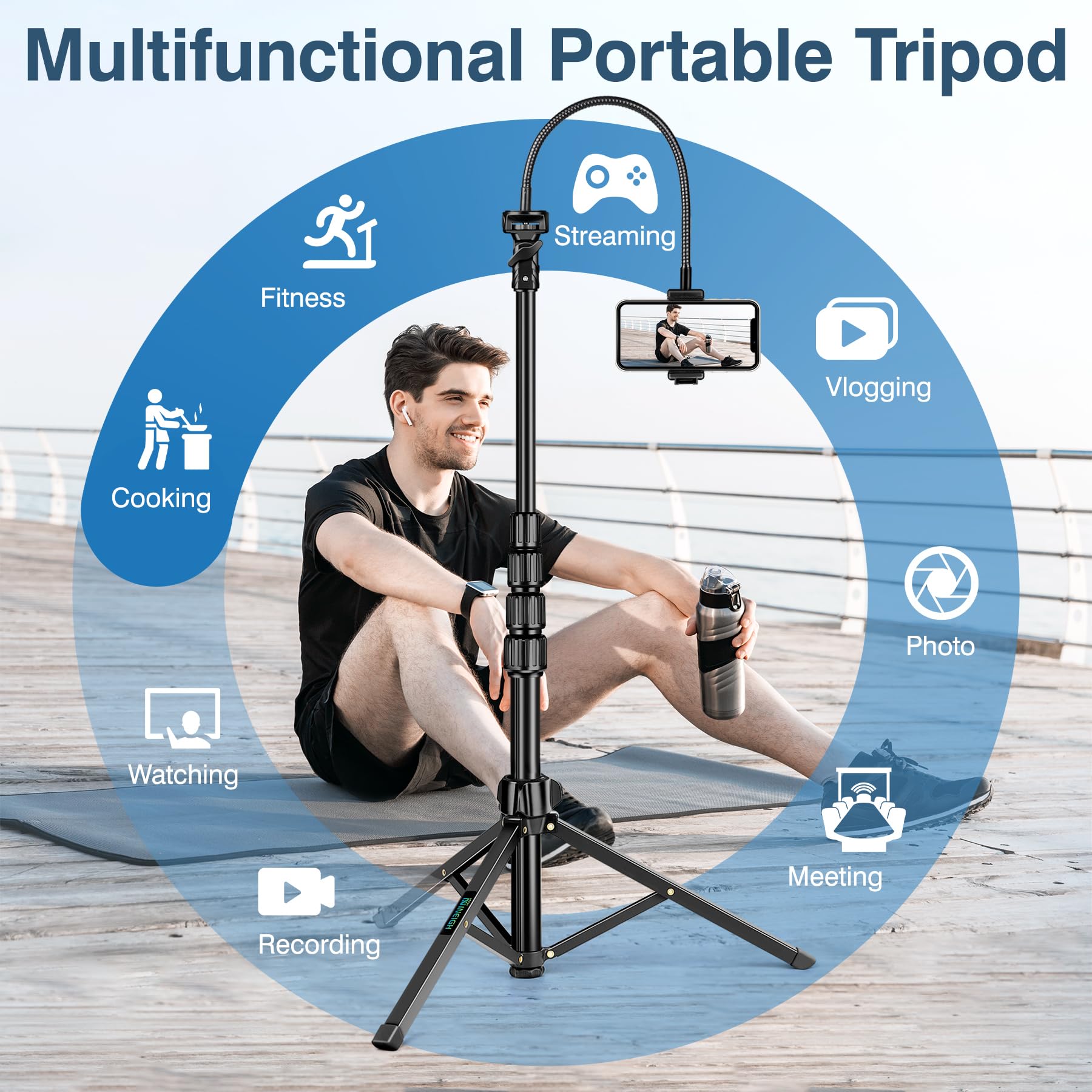 Nineigh 88" Tripod For Iphone, Phone Tripod With Gooseneck And Remote, Portable Cell Phone Tripod Compatible With Smartphone/Camera/Gopro, Iphone Tripod Stand For Video Recording Selfies Vlogging