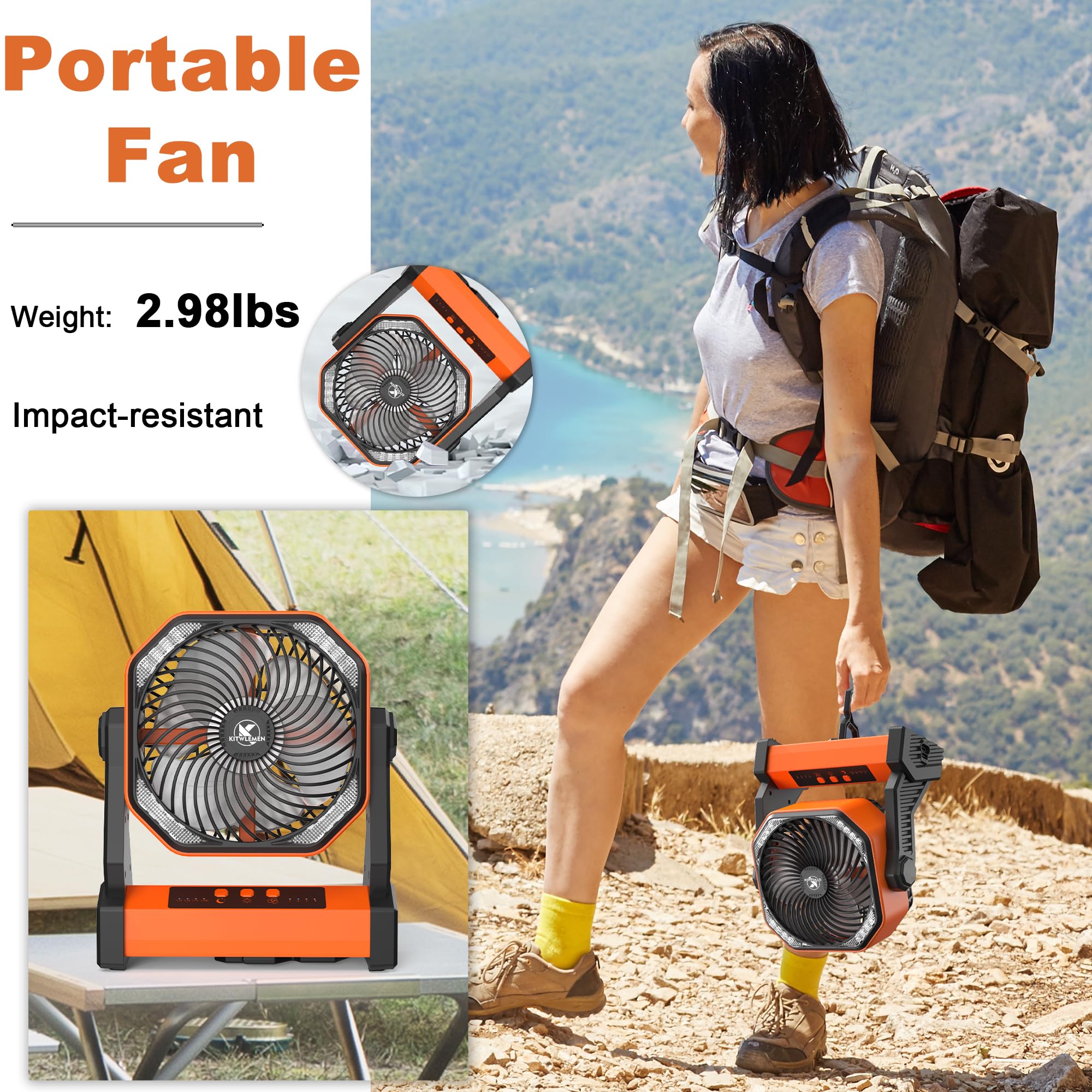 Kitwlemen Camping Fan With Led Lantern, 20000Mah Rechargeable Battery Operated Outdoor Tent Fan