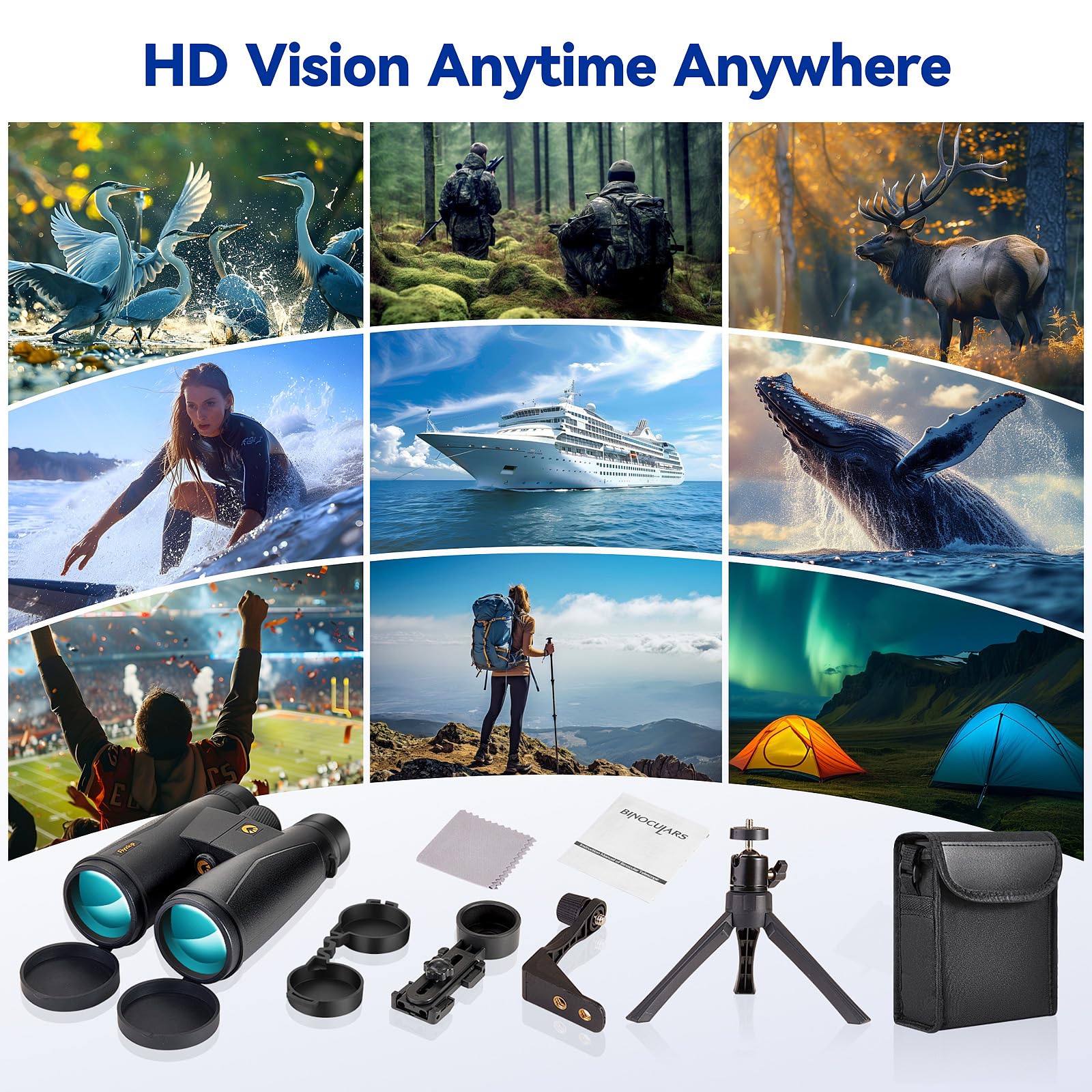 Fiyxlop 12X50 Plus Hd Binoculars For Adults High Powered - 3Rd Generation Bak4 Prism And Fmc Lens, Phone Adapter + Tripod For Bird Watching, Hunting, Hiking, Wildlife Observation