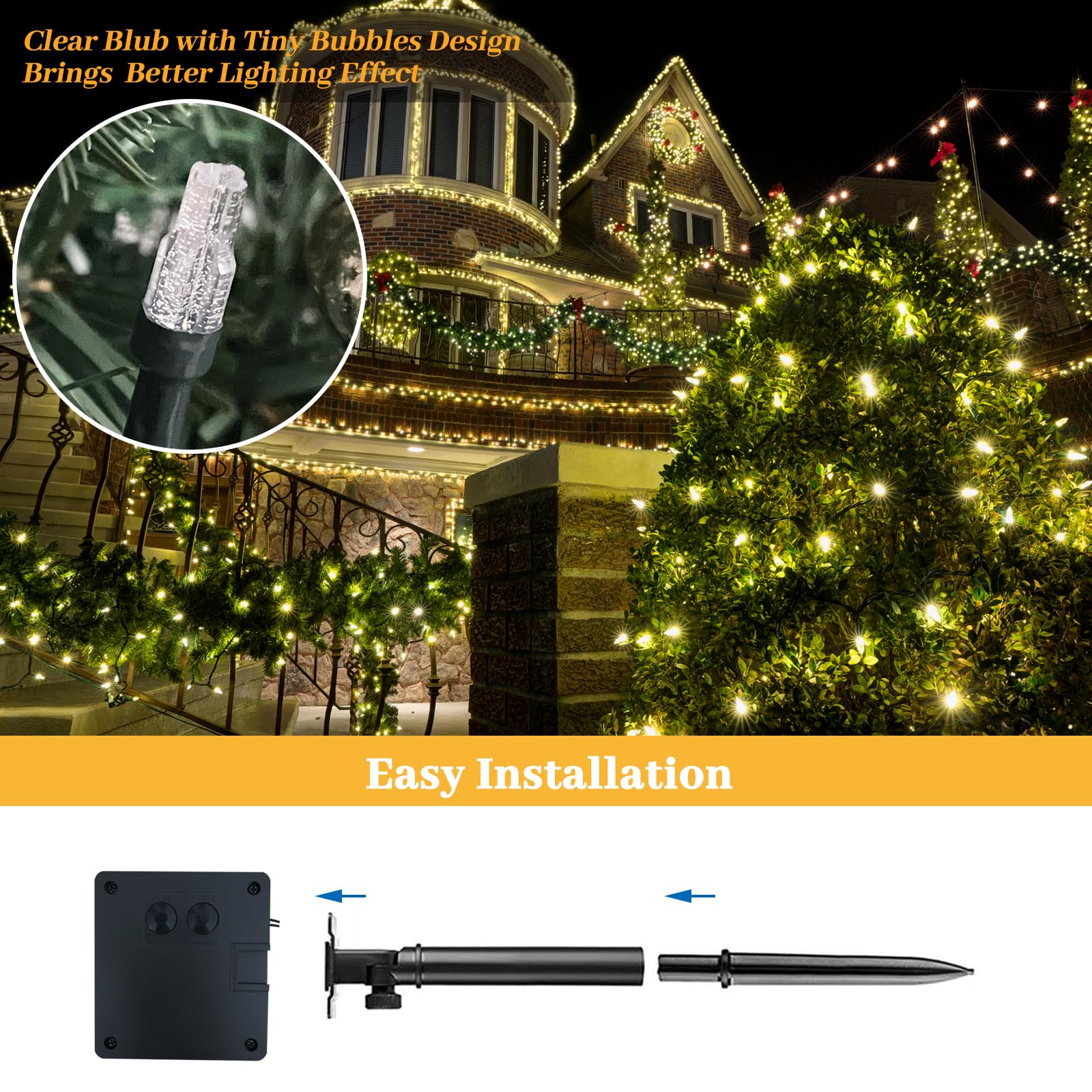 Elavika Solar Christmas Lights Outdoor, 2 Pack 40Ft 100 Leds, Total 80Ft 200 Led, Waterproof Solar Powered String Lights For Outside Xmas Tree Garden Fence Patio Balcony Decoration, Warm White