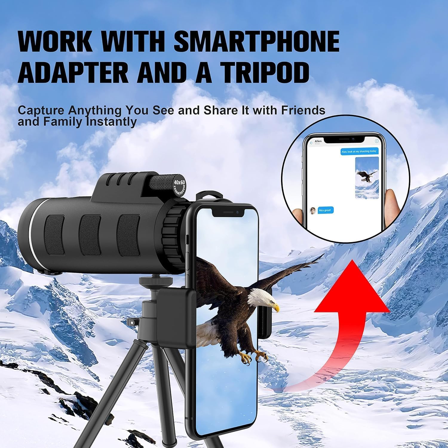 Hilarms 40X60 Hd Monocular Telescope, Monoculars For Adults High Powered With Smartphone Adapter & Tripod, Hiking Gear Night Vision Hunting Camping Star Watching Bird Wildlife