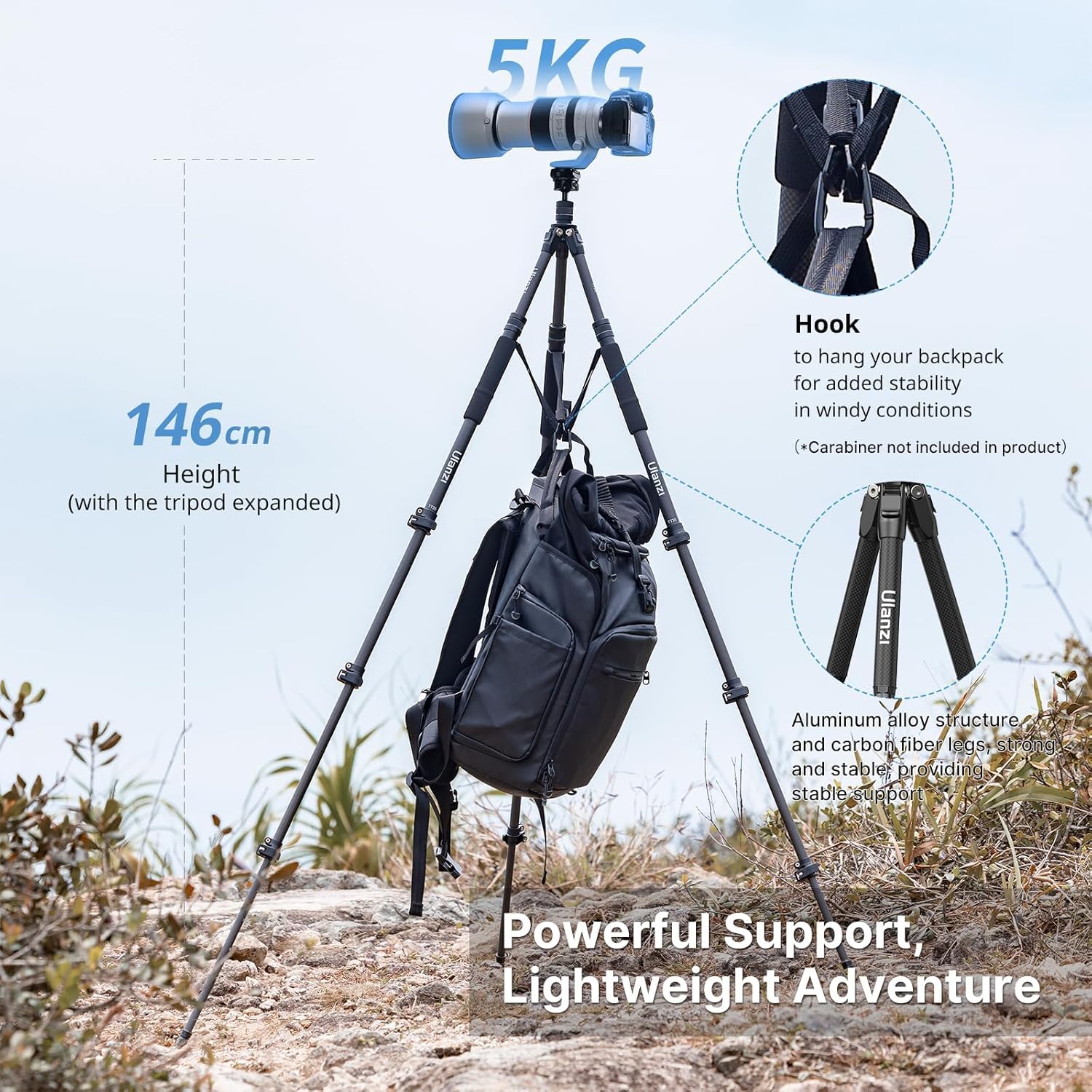 Ulanzi Tt35 57.48" Camera Monopod Tripod Carbon Fiber, 5 In 1 Multifunction Dslr Cam Travel Tripod Stand Lightweight Portable 360°Ball Head Detachable Trekking Poles