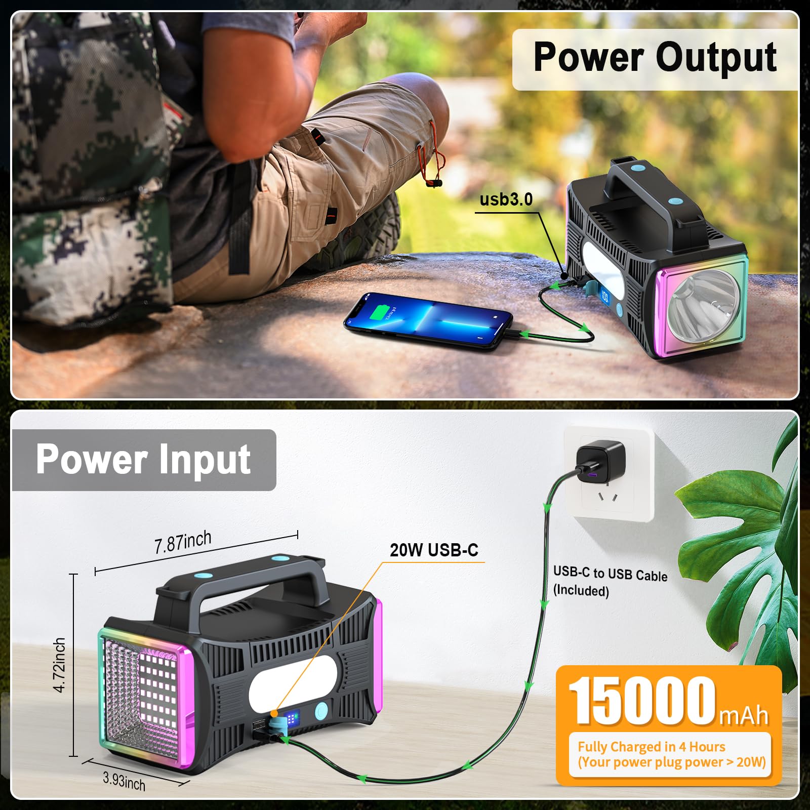 Lihtpo Rechargeable Flashlight, Led Spotlight Flashlight 15000 Capacity Extra Large Lumens Ultra-Long Standby Uv Flashlight Blacklight Waterproof With Usb Output As A Power Bank