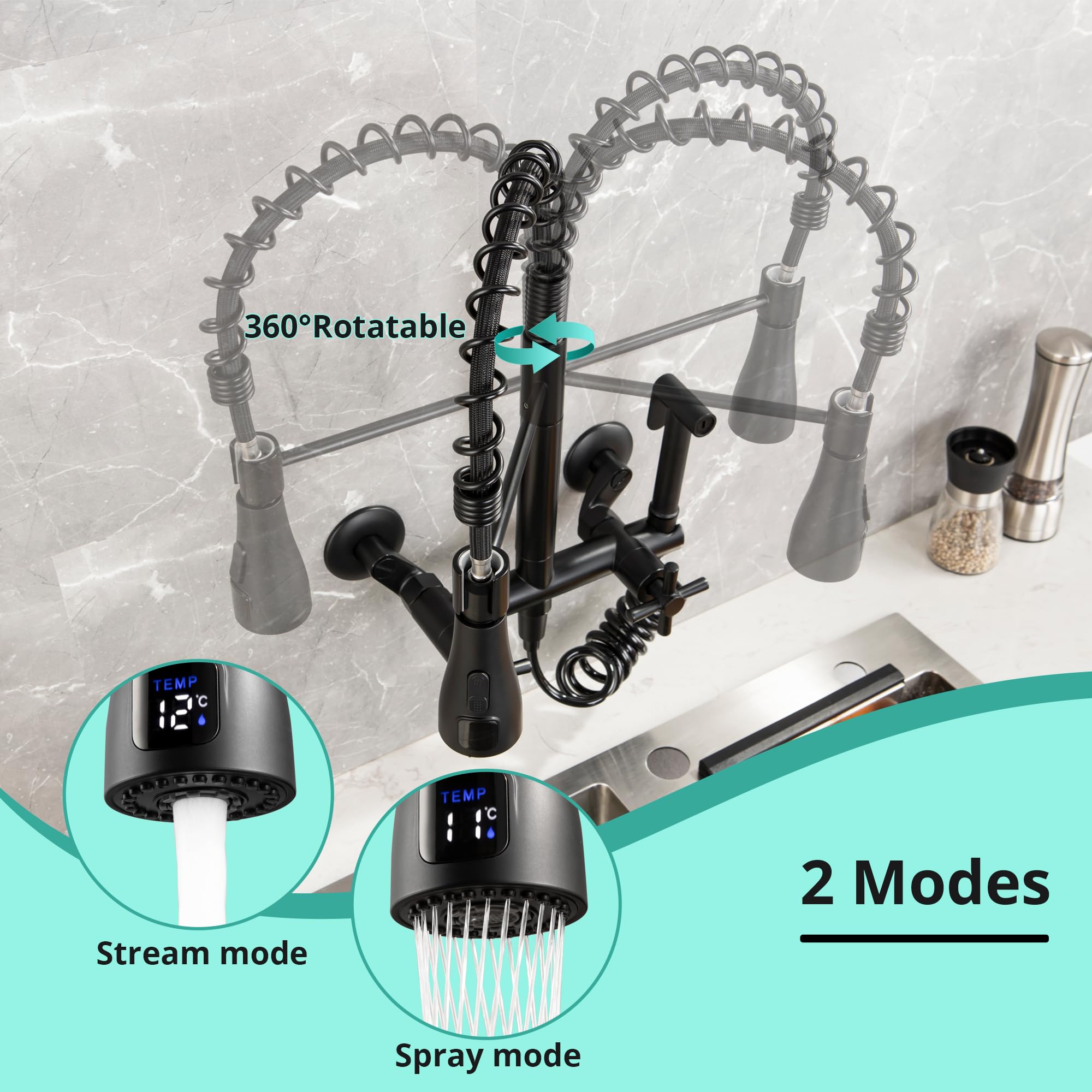Jphomes Wall Mount Kitchen Faucet 8 Inch Center Kitchen Sink Faucet, 2 Handles Commercial Sink Faucet With Temperature Display Head For Kitchen Laundry Room, Matte Black