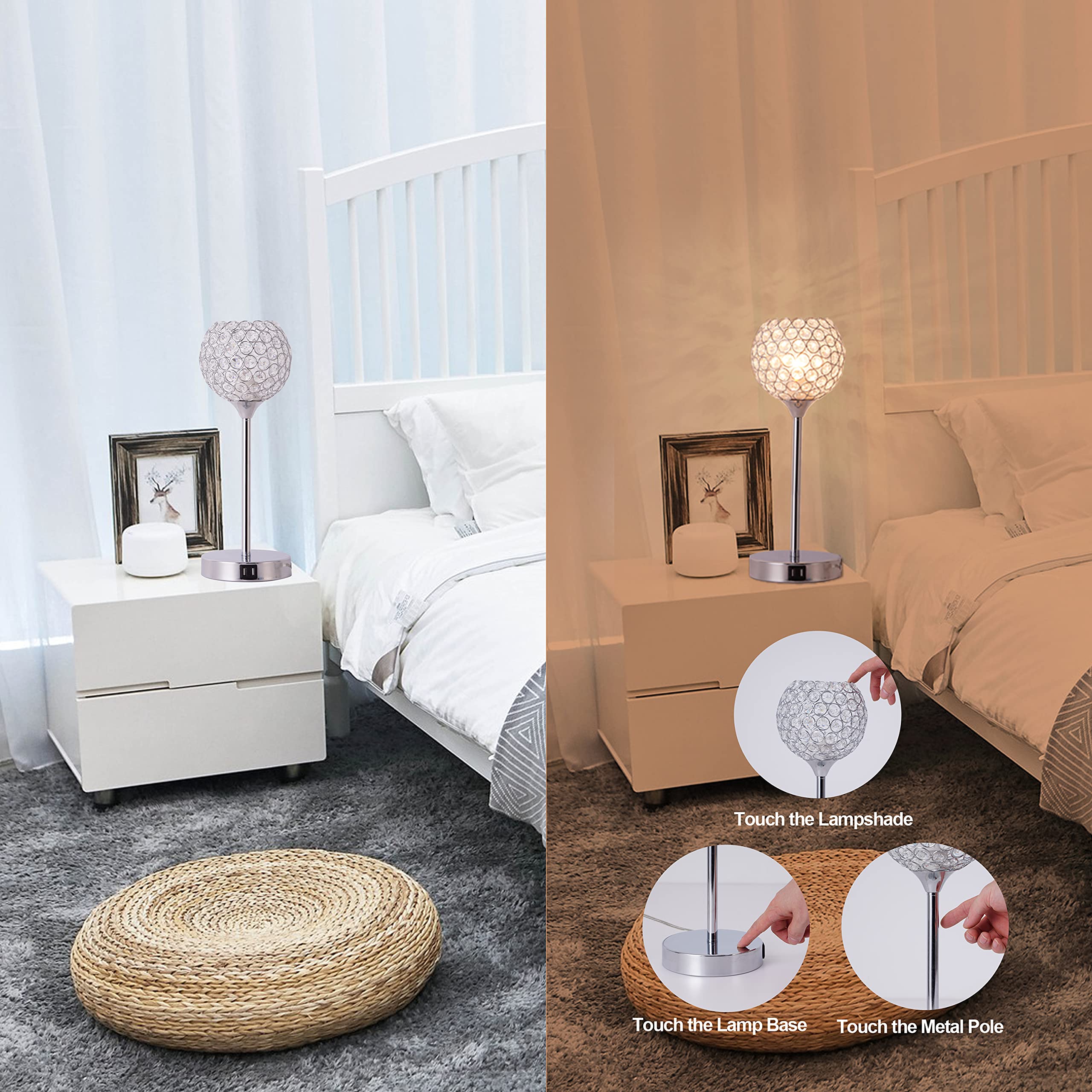 Defloorlight Crystal Touch Control Table Lamp, 3-Way Dimmable Modern Bedside Lamp With 2 Usb Charging Port Nightstand Desk Lamp With Elegant Lamp Shade For Bedroom, Living Room Hotel, Reading, Bulbs Included