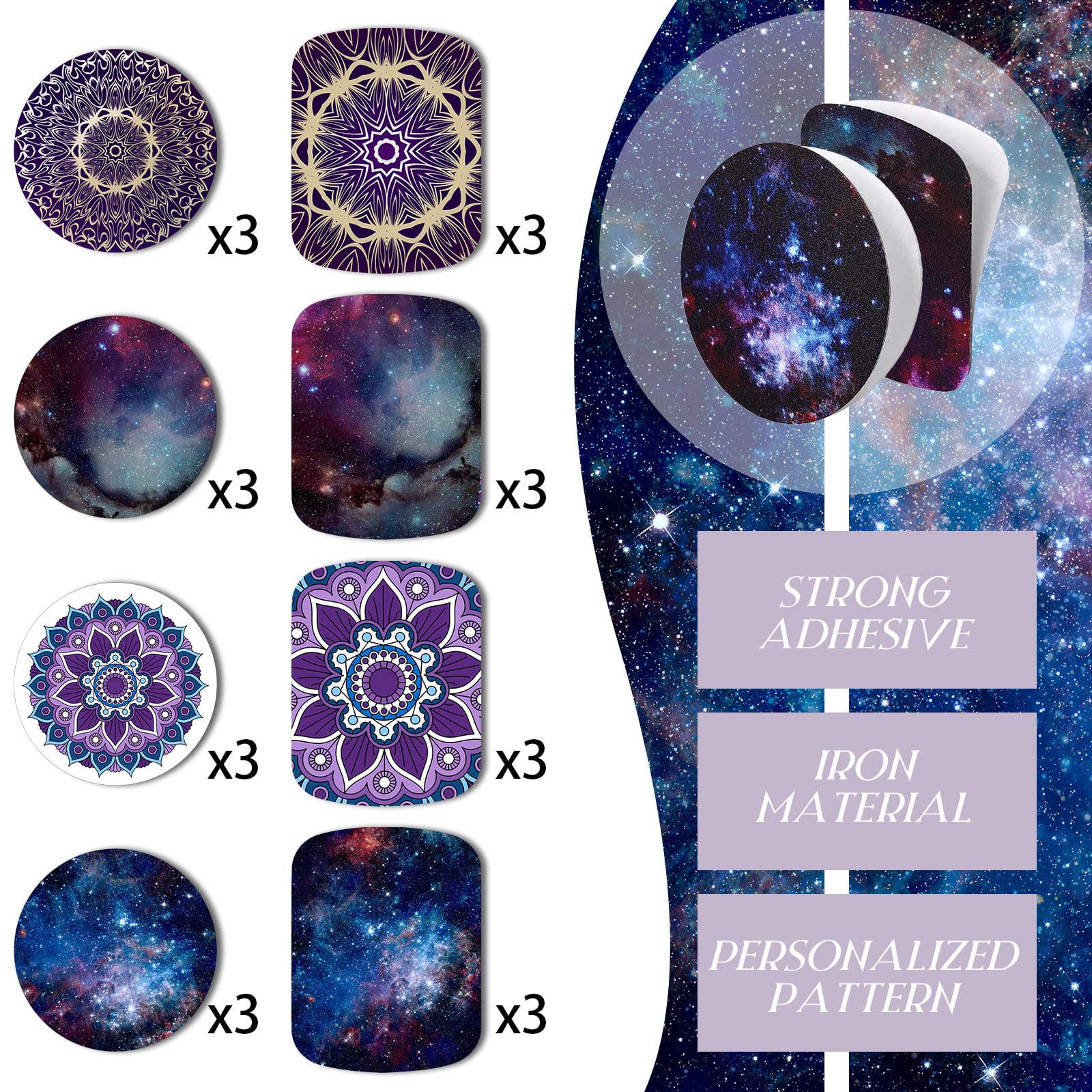 Weewooday 24 Pieces Metal Plates For Phone Magnet Car Magnetic Holder Cradle With Adhesive Mount For Magnetic Mounts Tablet, 12 Rectangle And 12 Round (Purple And Blue,Delicate Style)
