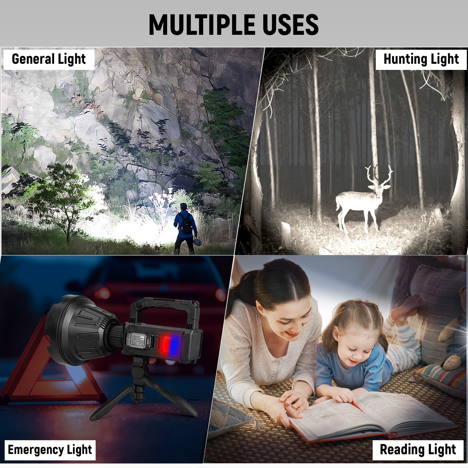 Vinderfine Rechargeable Spotlight, Handheld Super Bright Flashlight 1000000 High Lumens With Foldable Tripod,6 Modes And 4 Colors, Waterproof Ipx6 Searchlight For Camping Fishing Hunting, Usb Output