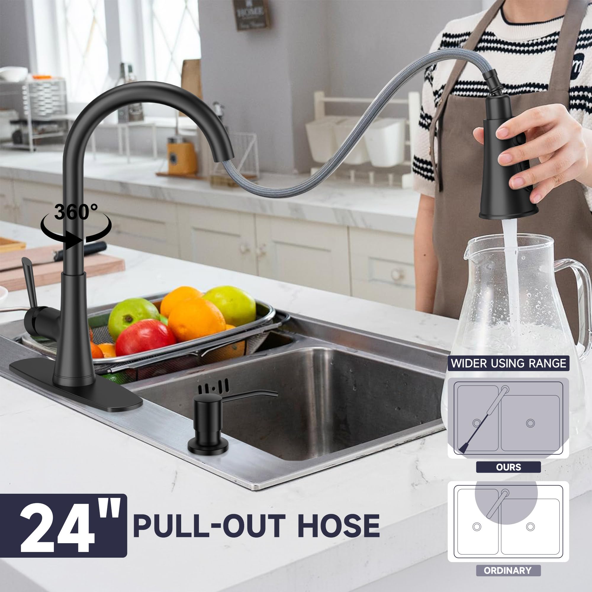 Arrisea Matte Black Kitchen Sink Faucet With Soap Dispensor, Stainless Steel Kitchen Faucets 3 With Modes Pull Down Sprayer Faucet For Bar Laundry Rv Utility Sink