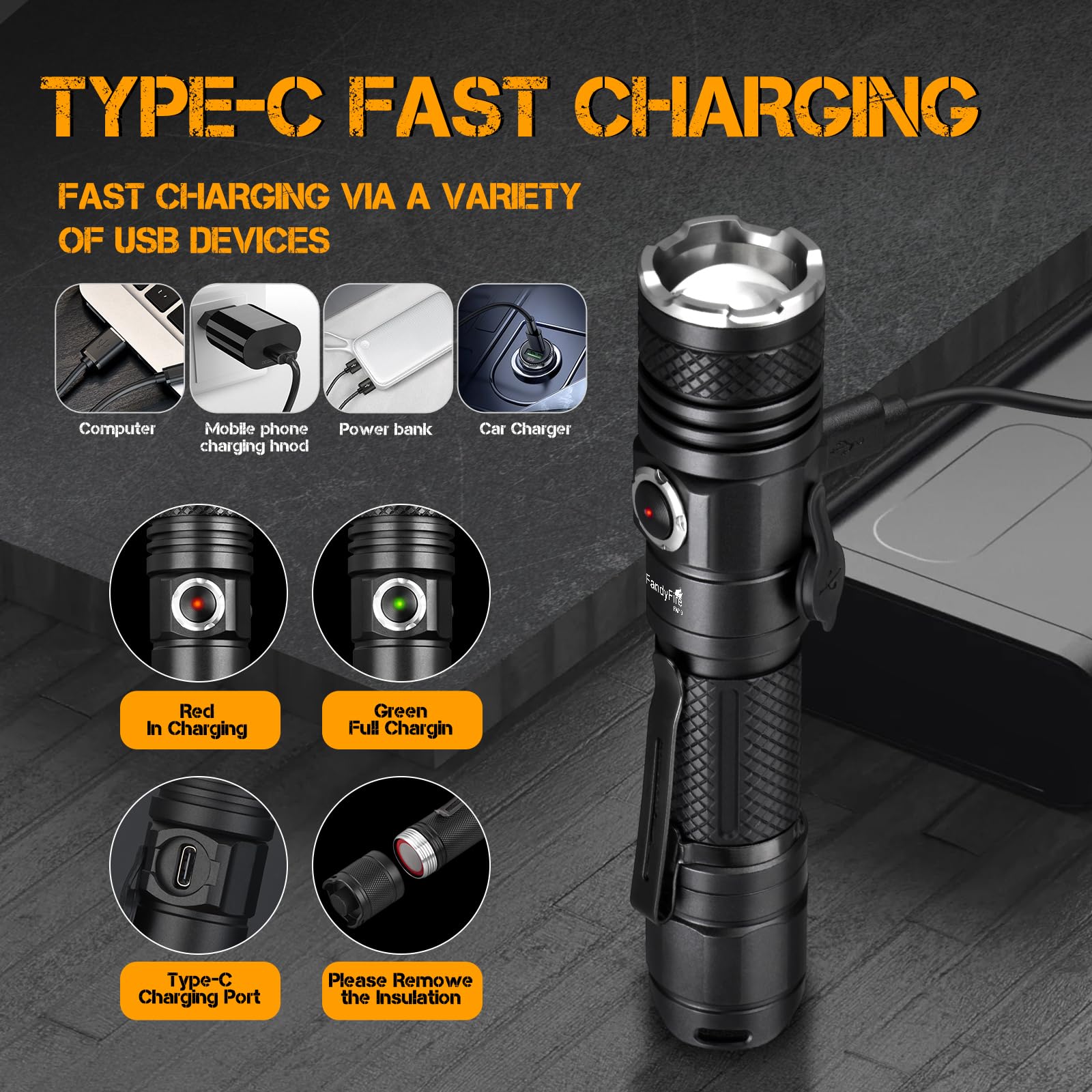 Fandyfire Fm10 Tactical Flashlight High Lumens With Holster,1200 Lumen Rechargeable Police Edc Flashlight With Belt Holder,Bright Zoomable Led Law Enforcement Flashlights