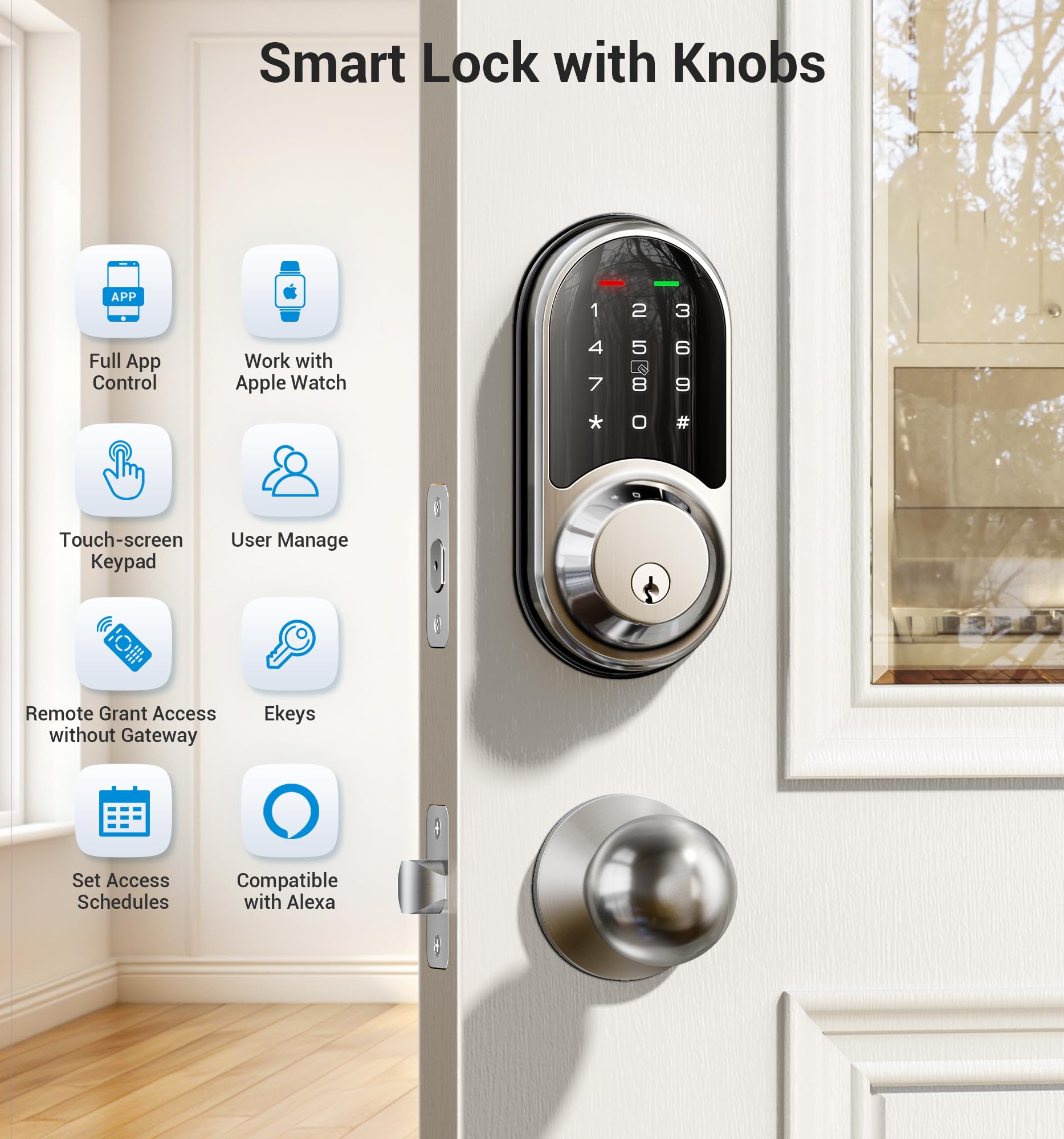Veise Rz06C Smart Locks For Front Door, 2 Knob Handle Set, Keyless Entry Deadbolt, App Control, Electronic Touchscreen Digital Keypad, Auto Lock, Easy Installation, Ip54 Waterproof, Satin Nickel