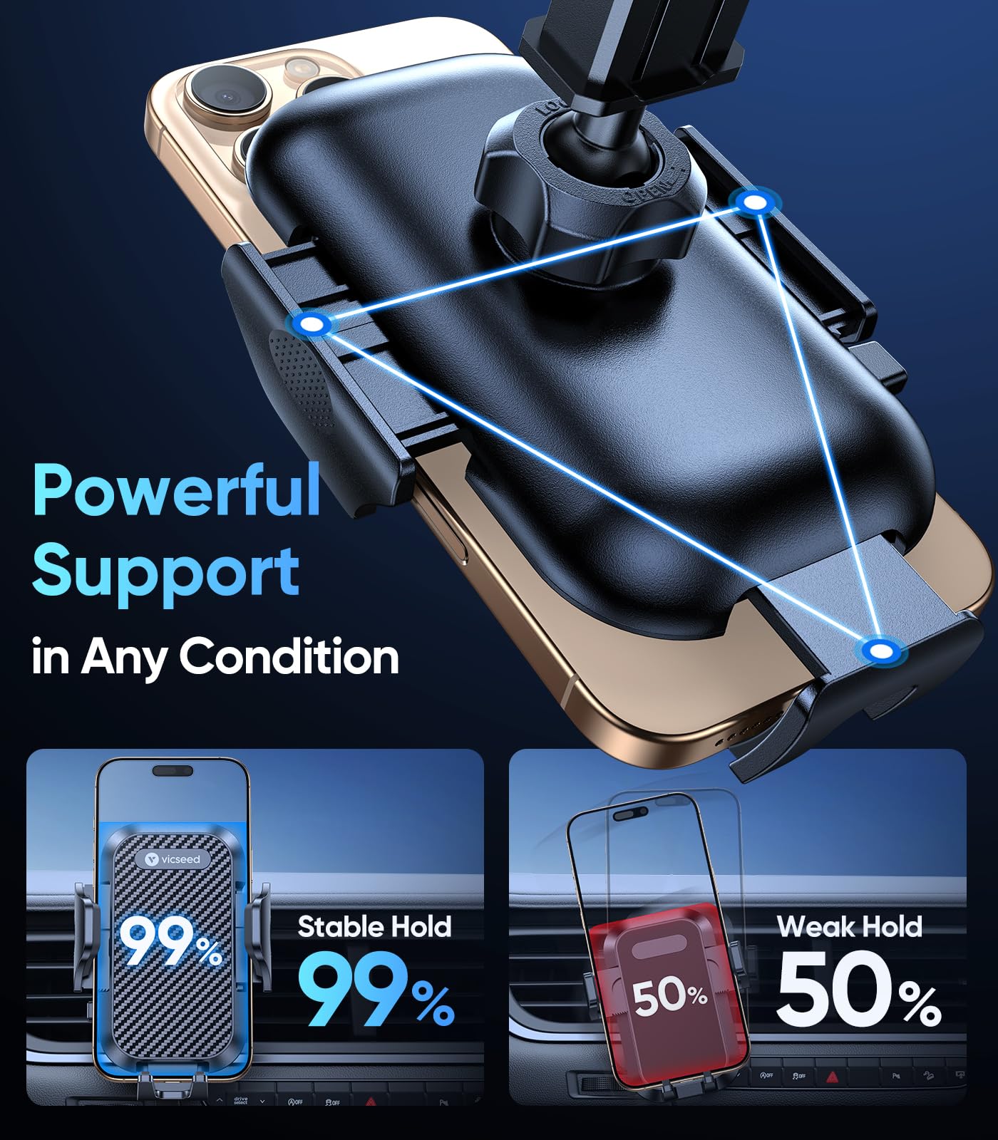 Vicseed True Military-Grade Phone Holders For Your Car [ 95+Lbs Strongest Suction] Cell Phone Mount For Car Dashboard Windshield Vent Truck Boat Stand Adjustable For Iphone Android