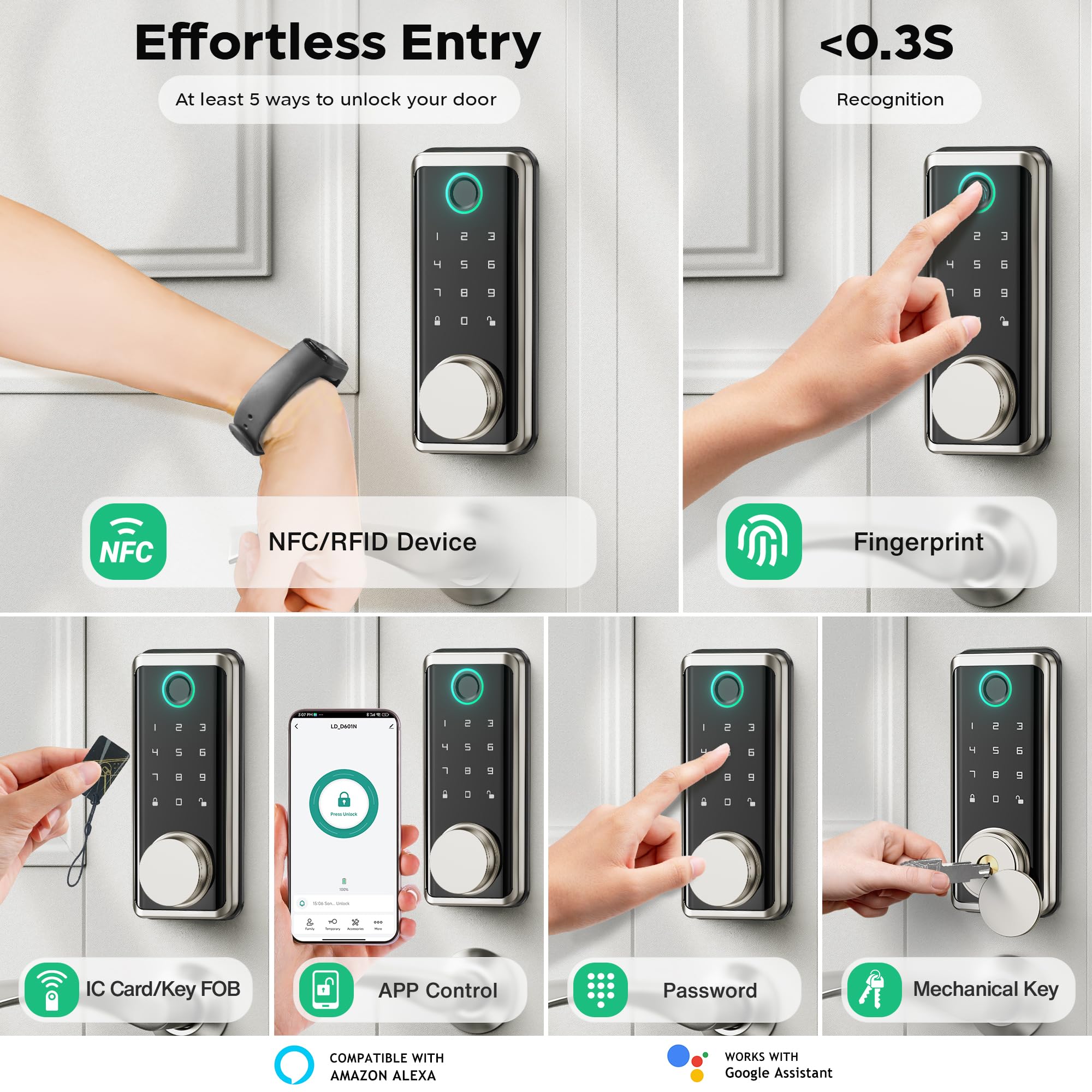 Sophia Keyless Entry Door Lock, Smart Auto Locks For Front Door & Key Fobs & Remote Control, Keypad Deadbolt Digital, Fingerprint Door Lock With Code, Cerraduras Inteligentes, Ip68, Satin Nickel