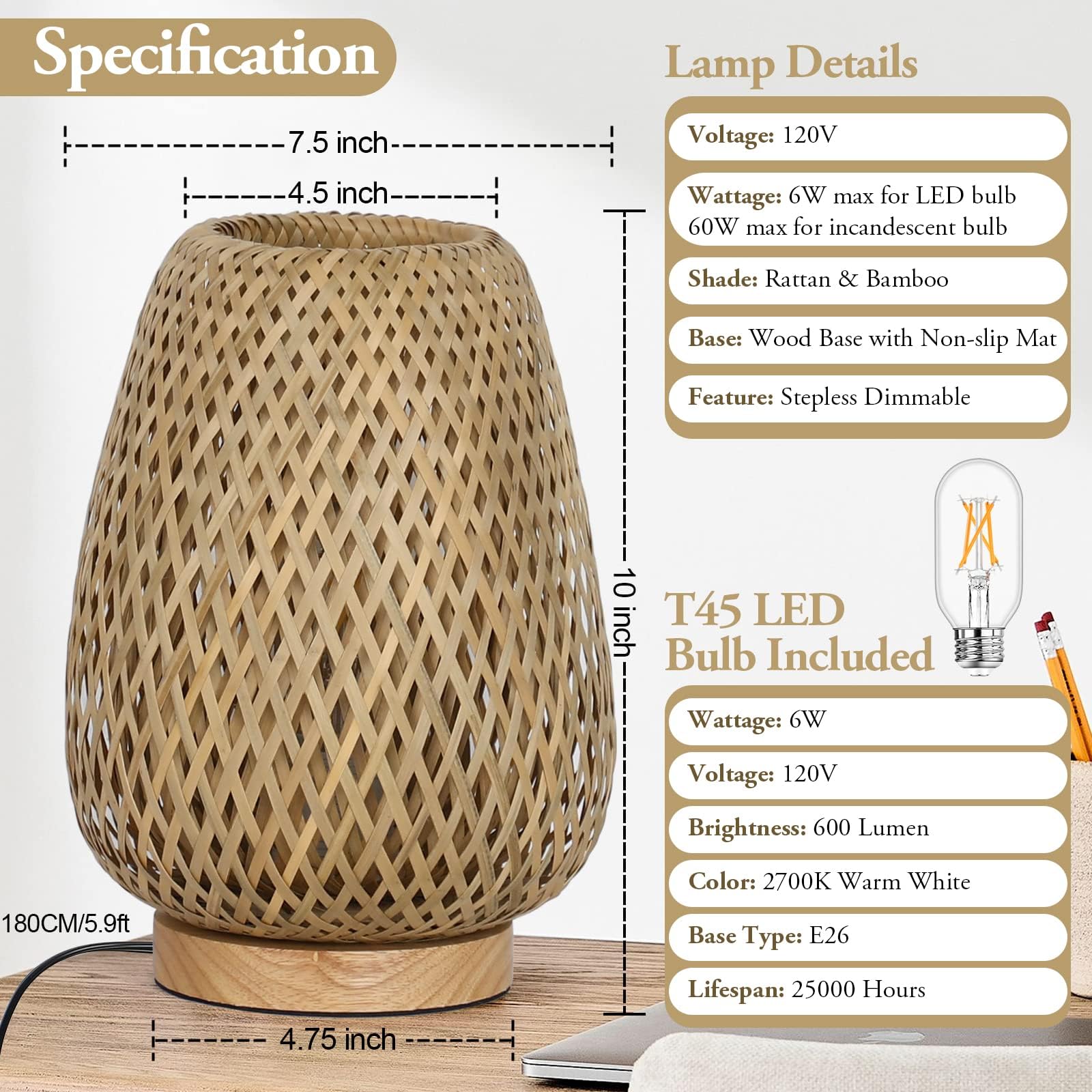 Brightever Rattan Table Lamp, Stepless Dimmable Small Beside Lamp, Vintage Wicker Wooden Nightstand Boho Bamboo Woven End Table Lamps For Bedroom Living Room Desk Kids Room, 2700K T45 Led Bulb Included