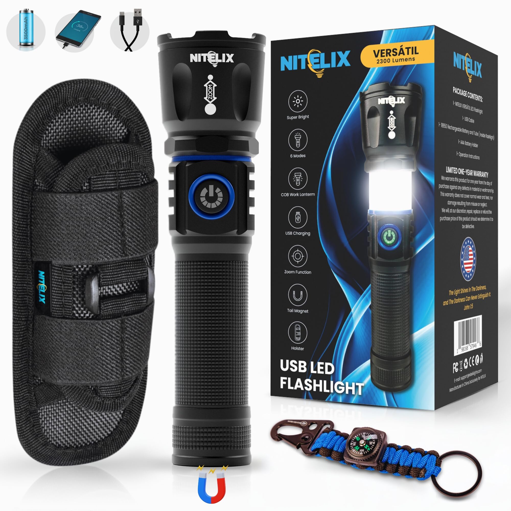 Nitelix Small Rechargeable Bright Flashlight With Holster - High Lumens Led Flashlights For Home, Walking At Night & Emergencies - Powerful, Brightest Flash Lights, High Powered Linterna Recargable