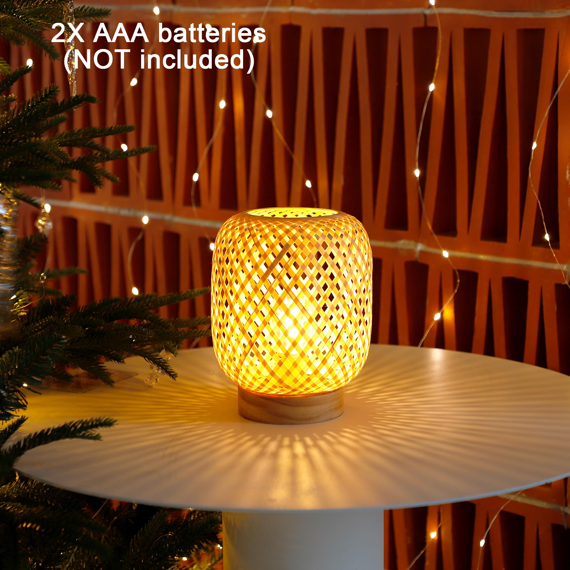 Lusharbor Rattan Lamp, Cordless Boho Lamp Battery Operated, Table Lamp With Led Bulb, Handmade Bamboo Beside Lamp Small Rattan Lamp, Decorative Battery Lamp For Kids Room Entryway - Grid