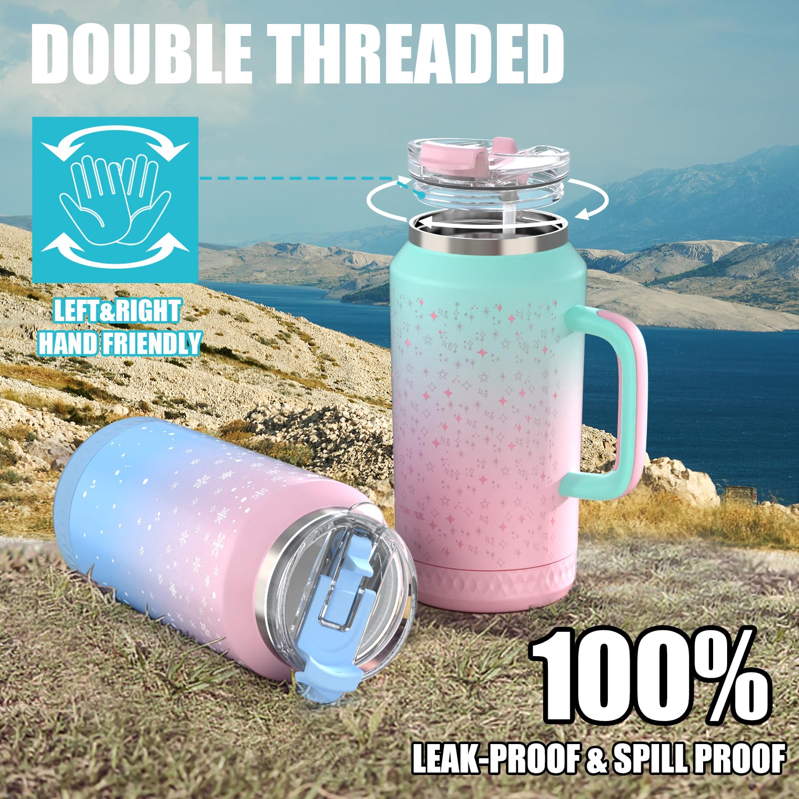 Hydraful 64 Oz Tumbler With Handle And Straw - 100% Leak-Proof - Insulated Cup Reusable Stainless
