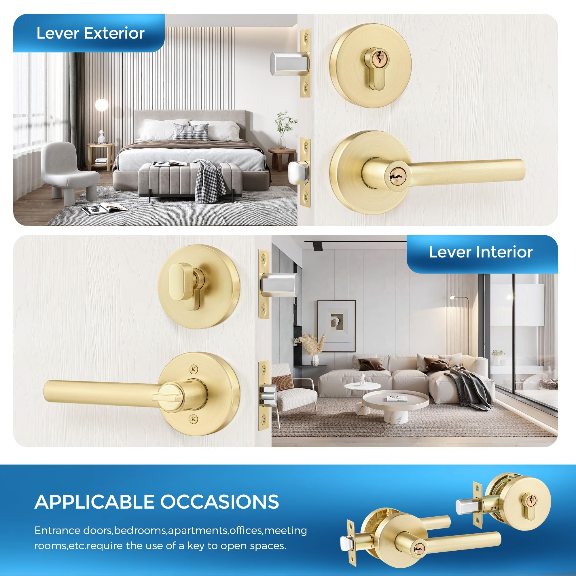 Leydebong 4 Pack Door Handleset With Single Cylinder Deadbolt, Gold Deadbolt, Reversible For Right And Left Side Single Keyed Alike Lock Set