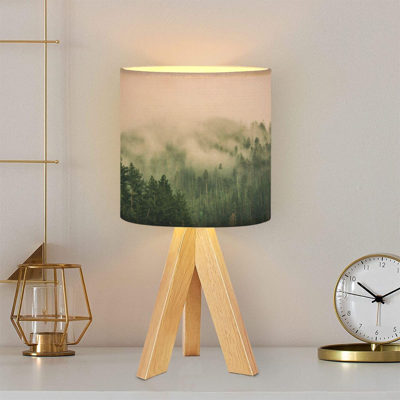 Dqwijakx91 Tripod Table Lamp Clouds Mountain Forest Mountain Landscape Scenery Nature Tree Cloud Modern Bedside Dimmable Desk Lamp Wooden Base Fabric Lampshade For Kids Room, Nursery, Bedroom, Living Room