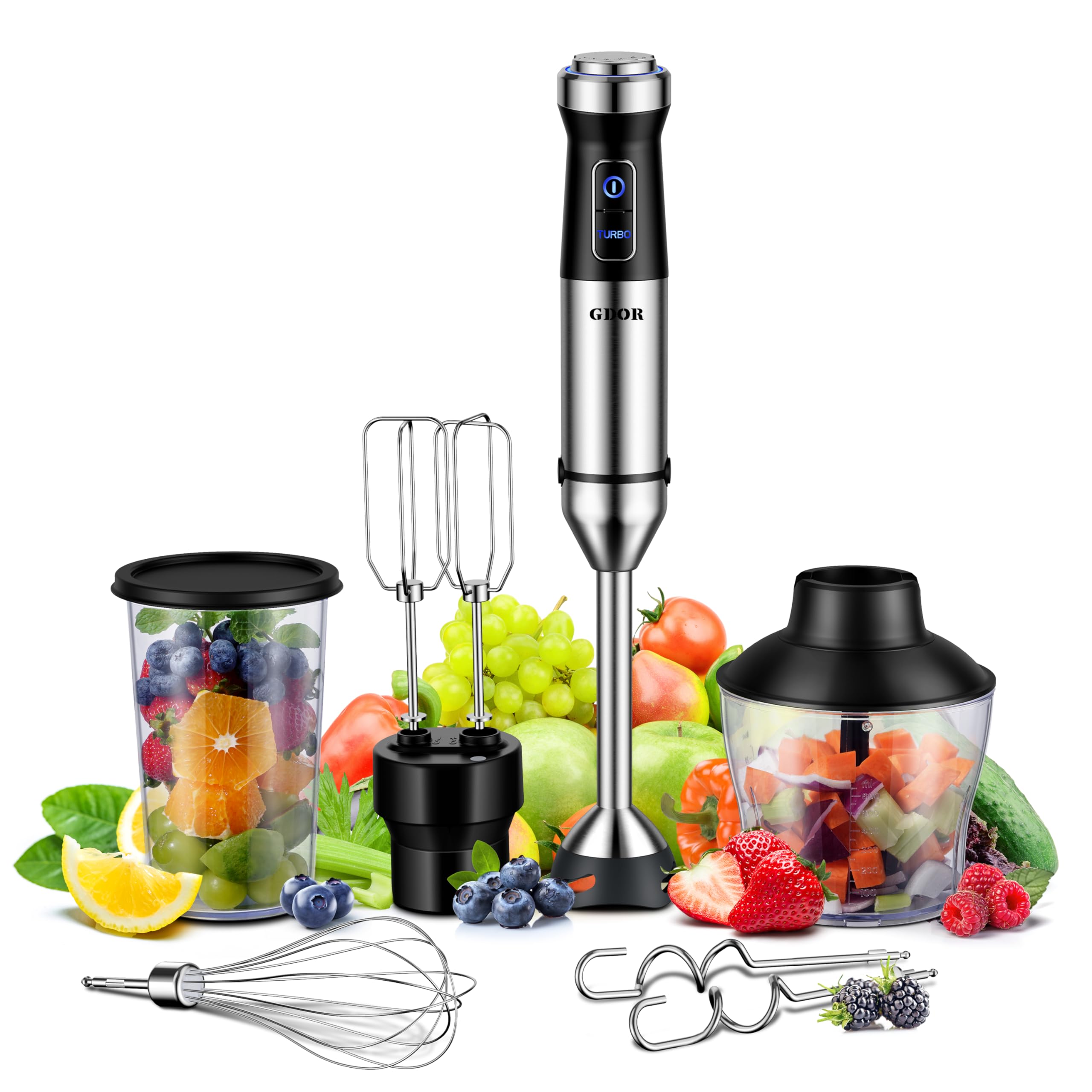 Gdor 6-In-1 Immersion Blender Handheld 1000W 20-Speed & Turbo Mode, Scratch Resistance Hand Blender With Dough Hooks, Egg Beaters, Whisk, 800Ml Beaker, 600Ml Chopper Titanium Blades, Bpa-, Silver