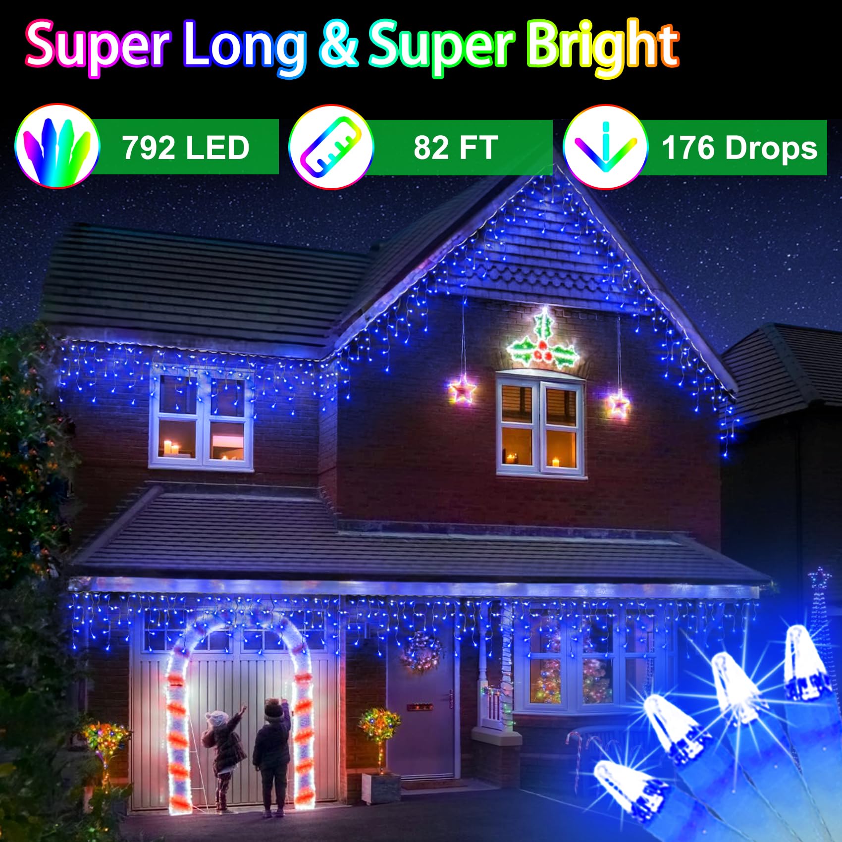 Wuxyiyang 792 Led Christma Lights With 176 Drops, 82Ft Outdoor Hanging Lights With 8 Modes & Timer Memory, Outsite Waterproof Curtain String Lights For Front House Fence Tree Holiday Decorations Decor Blue