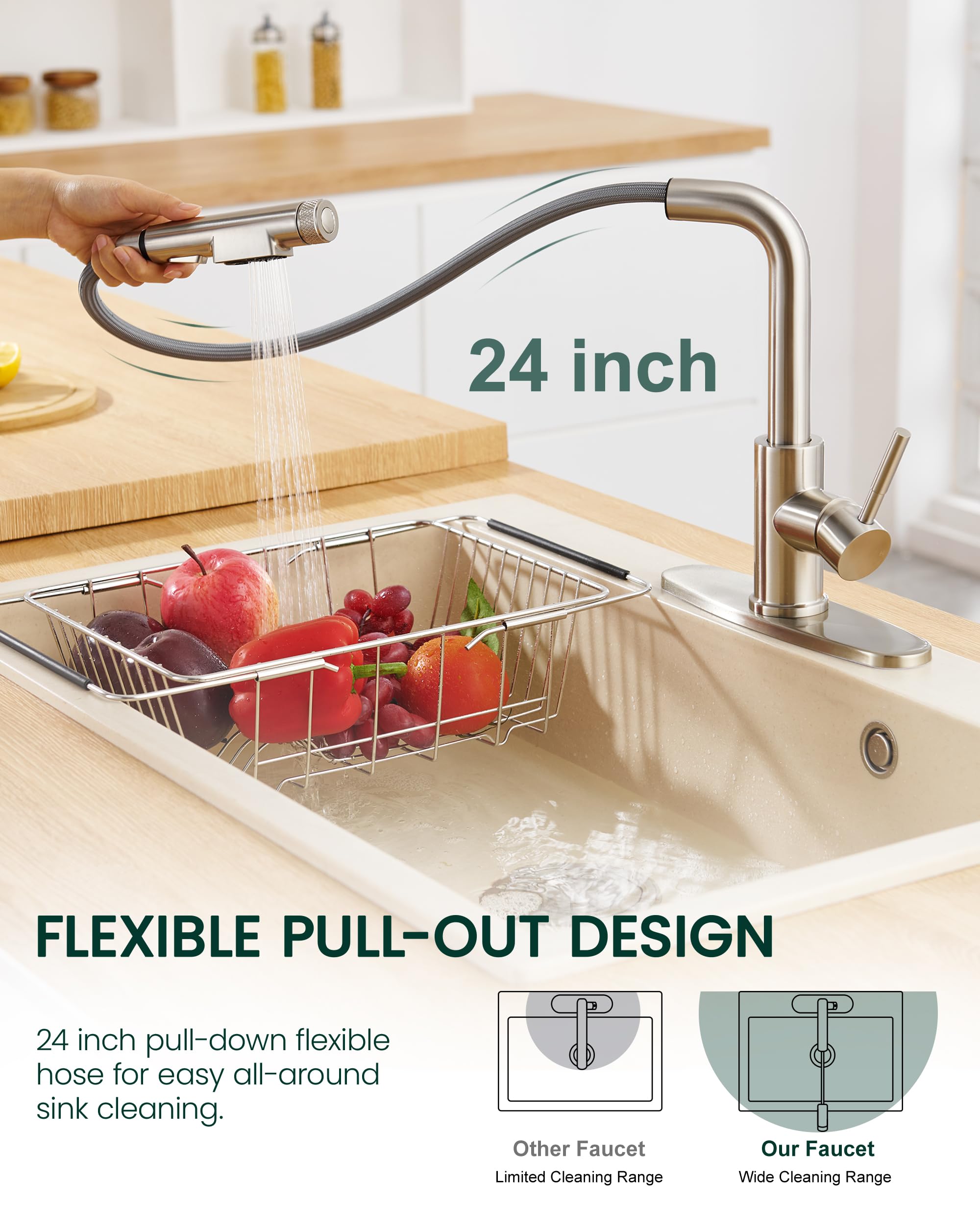 Heisok Kitchen Faucet With Pull Down Sprayer - 3 In 1 Kitchen Sink Faucet, Stainless Steel Filtered Water Faucet Single Lever Drinking Water Faucet For 1 Or 3 Hole, Brushed Nickel