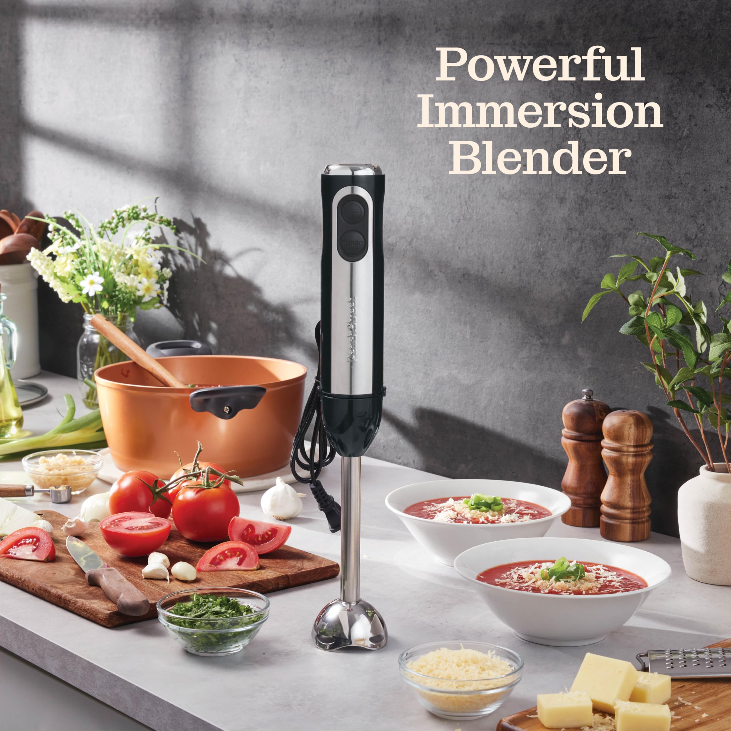 Peach Street Powerful Immersion Blender, Electric Hand Blender 500 Watt With Turbo Mode, Detachable Base. Handheld Kitchen Gadget Blender Stick For Soup, Smoothie, Puree, Baby Food, 304 Stainless Steel Blades